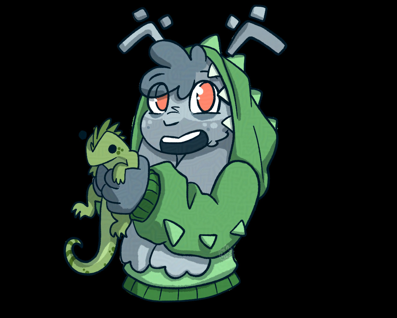 Glazed Digital Art. Sheemz, the Sheezy Art Mascot, holding a lizard. Sheemz is wearing a lizard themed green hoodie. Art by Voxaz