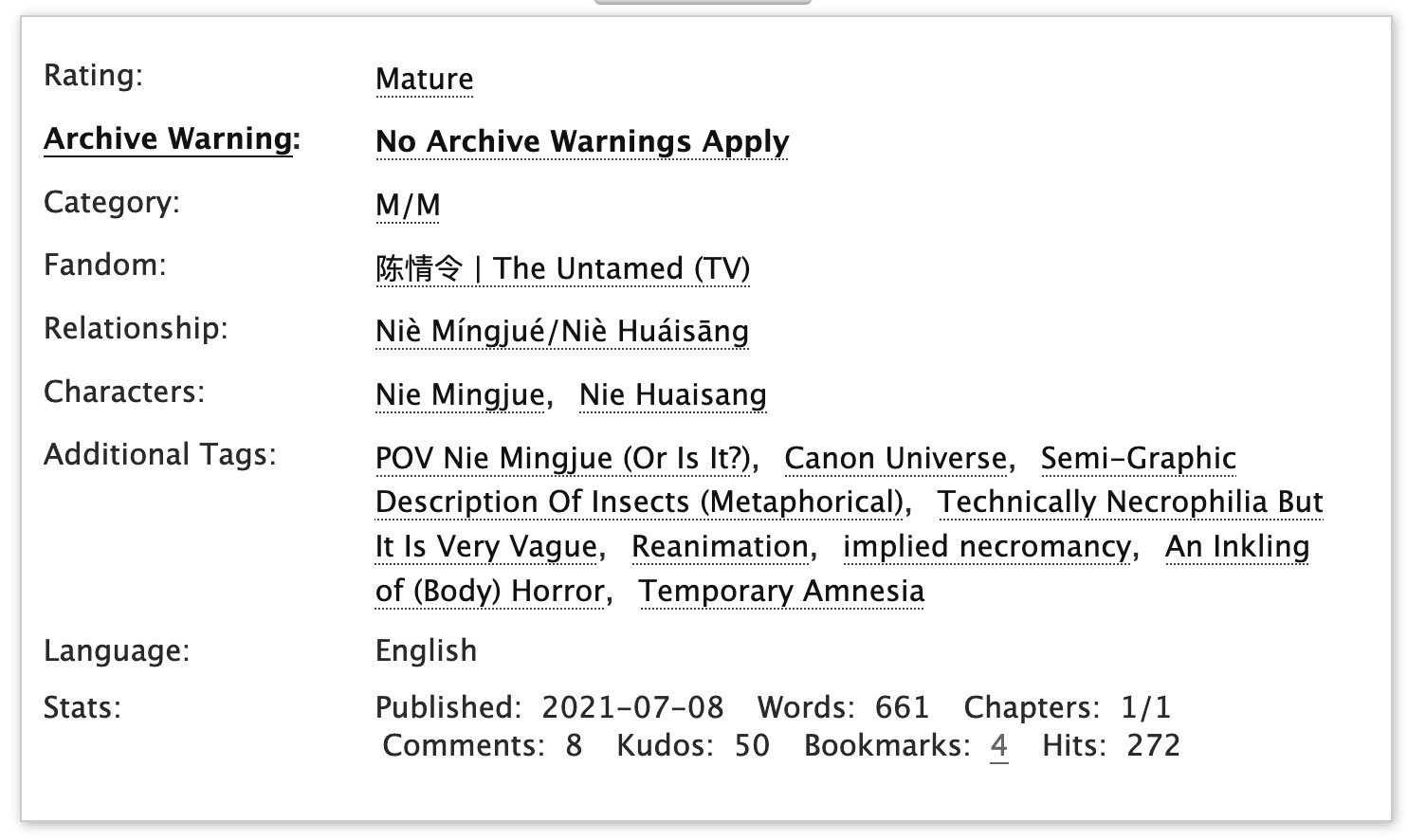 Screenshot of the Tags on AO3