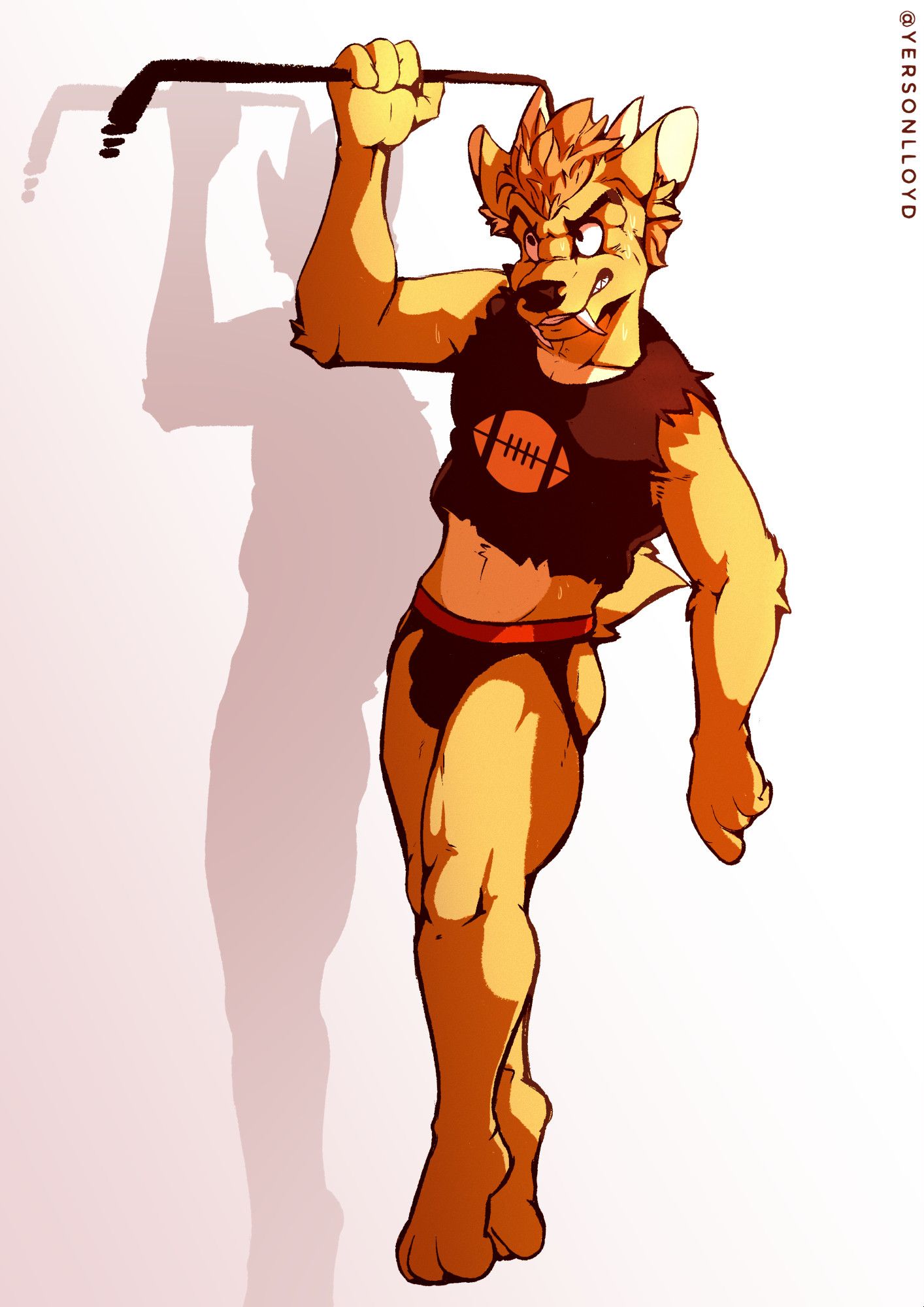 A muntjac with yellow fur, brown eyes, straight antlers and two prominent upper canine fangs. He is wearing a sleeveless crop top shirt with the bottom edge and arm holes having a rough edge. On the shirt is an American football symbol in the middle. He is also wearing a jockstrap and barefoot. He is hanging from a pull-up bar with his right arm bent as he is lifting himself. His face shows an expression of determination.