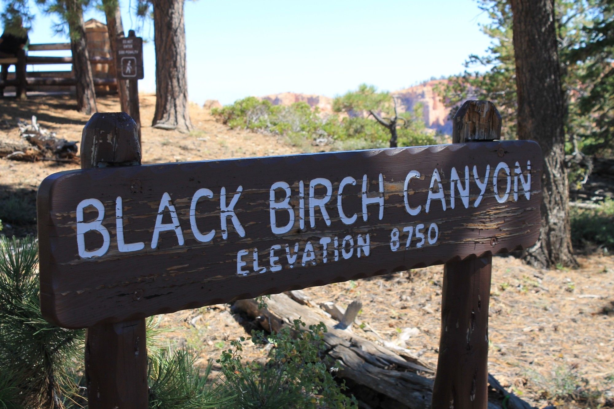 Schild am Aussichtspunkt Black Birch Canyon im BryceCanyon
8750 Ft. Über NN