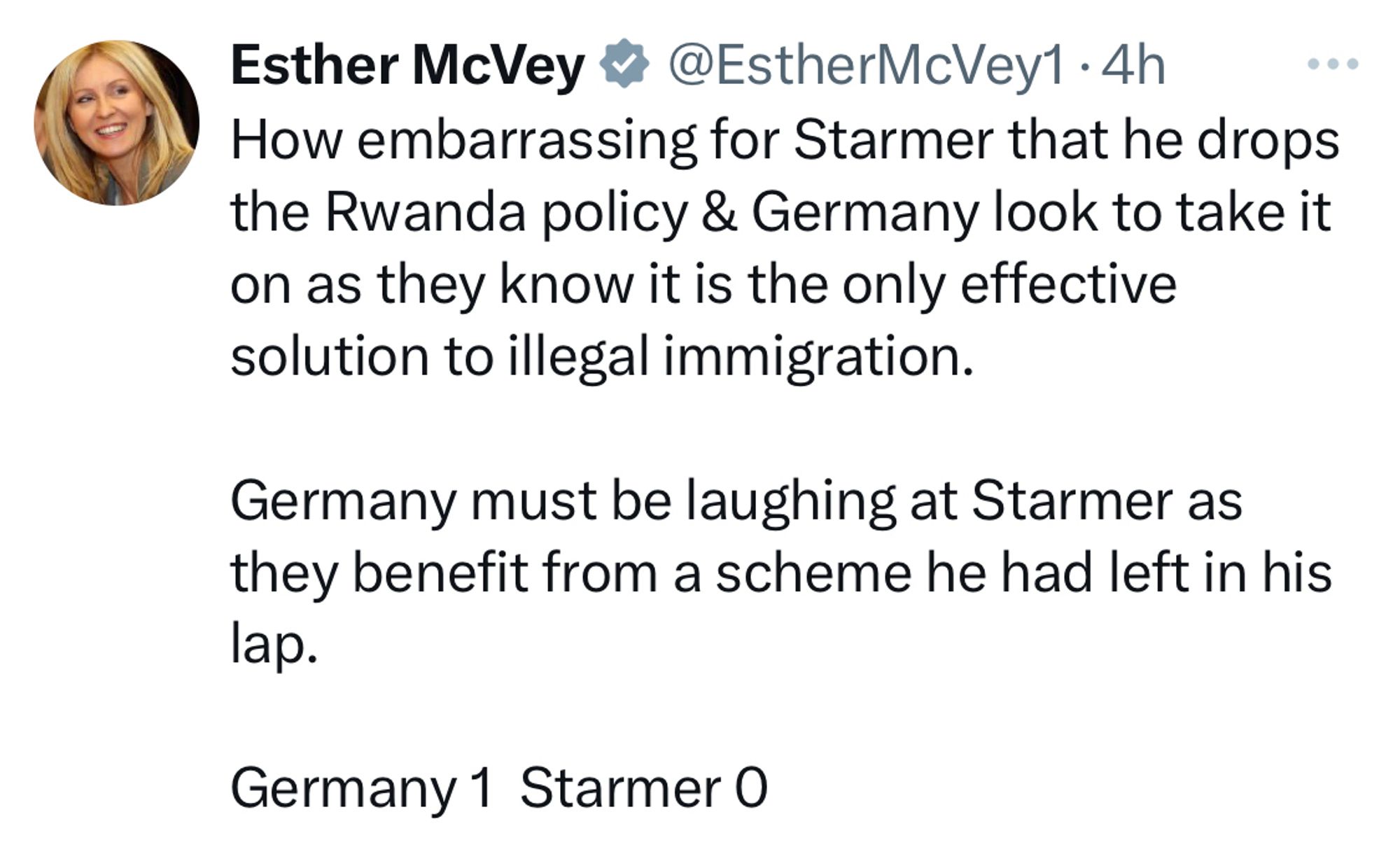 Screenshot of McVey’s post that says:

How embarrassing for Starmer that he drops the Rwanda policy & Germany look to take it in as they know it is the only effective solution to illegal immigration.

Germany must be laughing at Starmer as they benefit from a scheme he had left in his lap.

Germany 1 Starmer 0