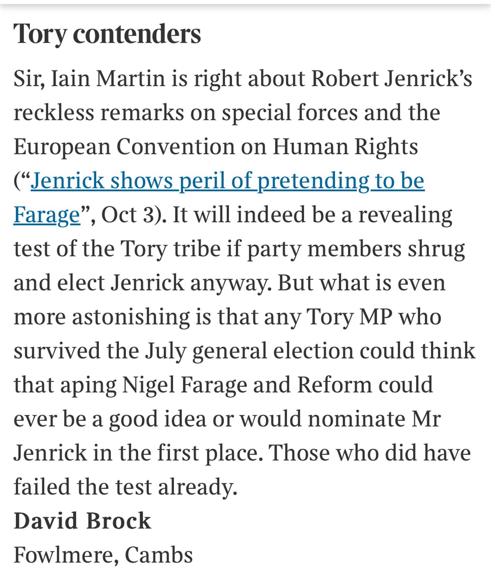 Letter decrying Jenrick’s aping of Farage with his reckless special forces remarks and his ECHR threat