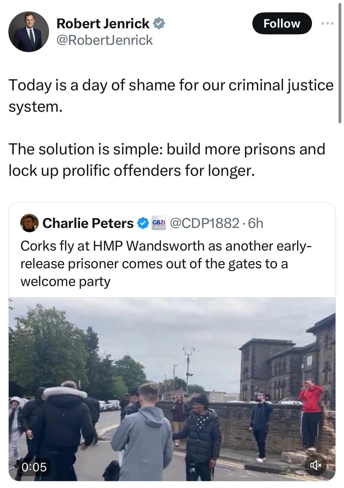 Jenrick posting that ‘today is a day of shame for our criminal justice system. The solution is simple: build more prisons and lock up prolific offenders for longer.