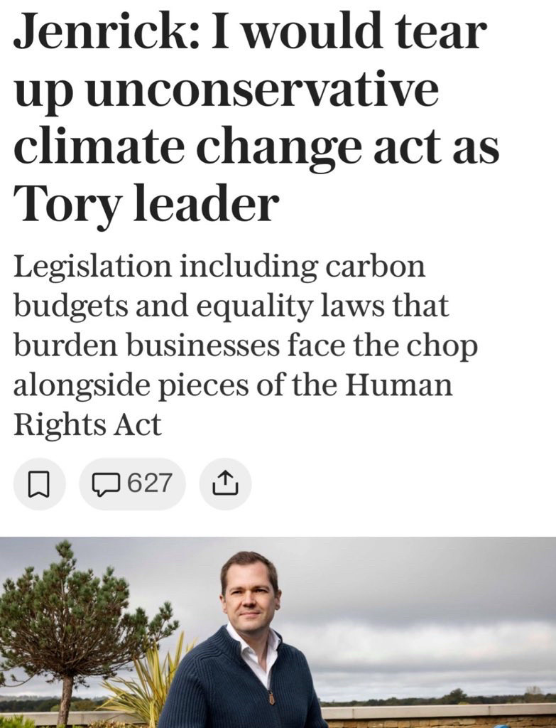 Telegraph headline. 

Jenrick: I would tear up unconservative climate change act as Tory leader 

Legislation including carbon budgets and equality laws that burden businesses face the chop alongside pieces of the Human Rights Act