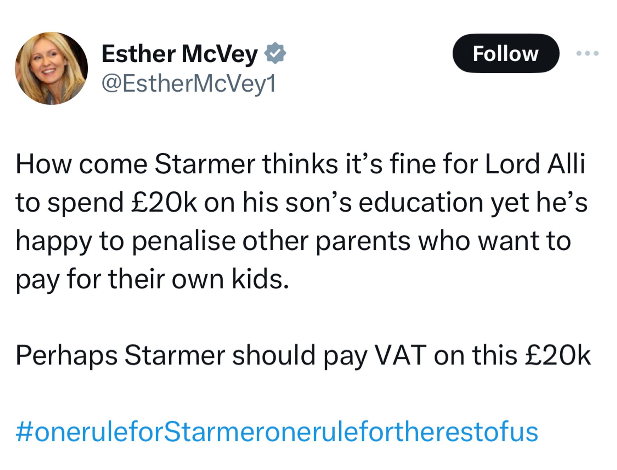 Mcvey claiming Lord Alli spent £20k on Starmer’s son’s education so maybe Starmer should pay VAT on that