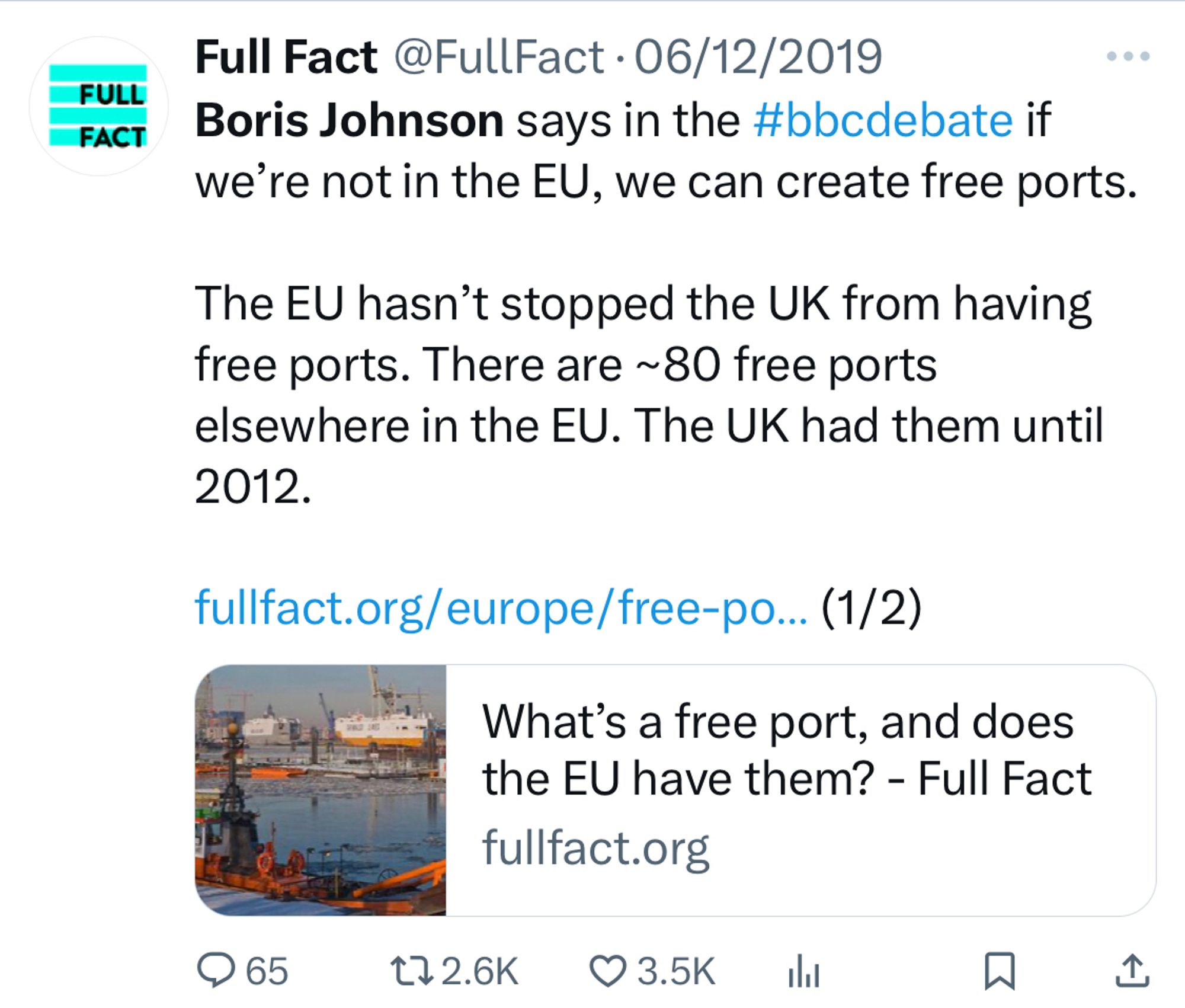 Full fact exposing Johnson’s lie that you can’t have freeports in the EU