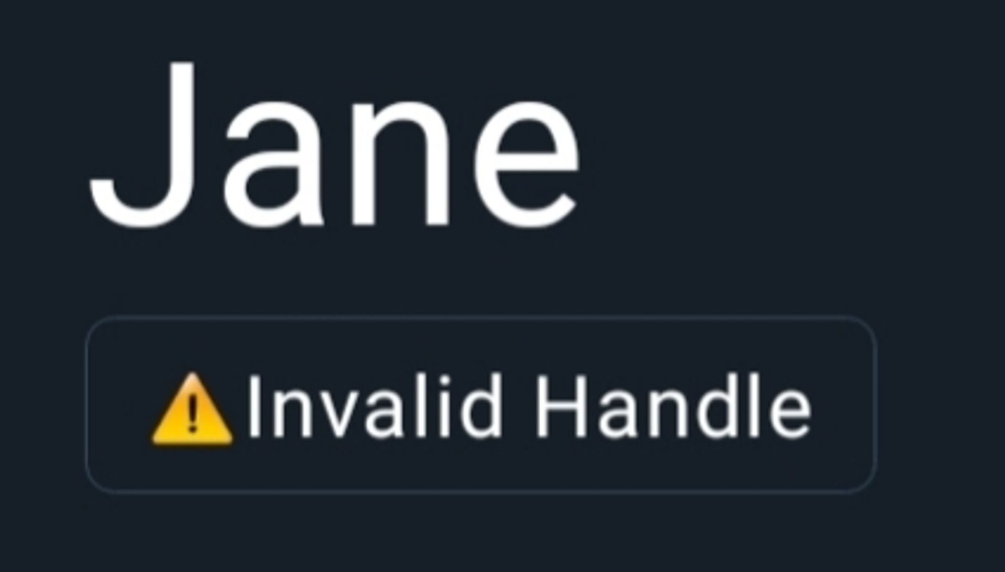 My username Jane and a yellow warning triangle and the text Invalid Handle.