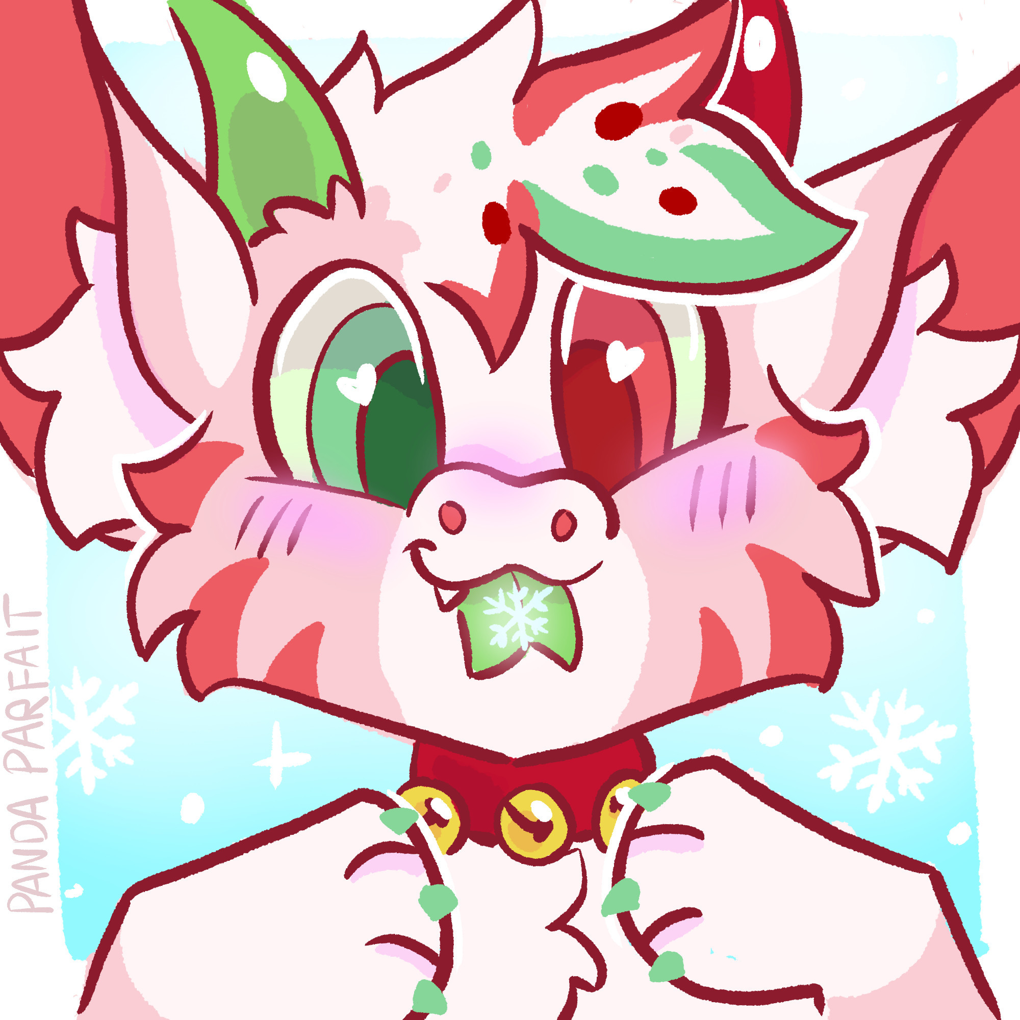 A digital icon of a xero, an alien species. They are primarily red, with green accents, to make a christmas themed character. They have caught a snowflake on their tongue