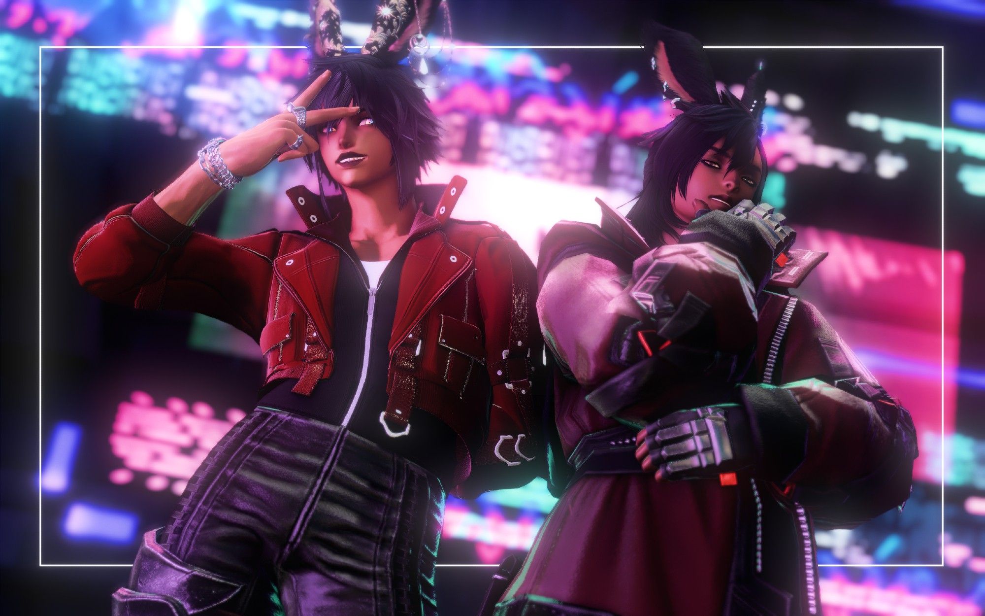 Glaive (a male rava viera with black hair and rainbow eyes) and Naresh (male rava viera with black hair and gold eyes) wearing modern tech-y clothing, standing in front of a neon bright backgrounds.