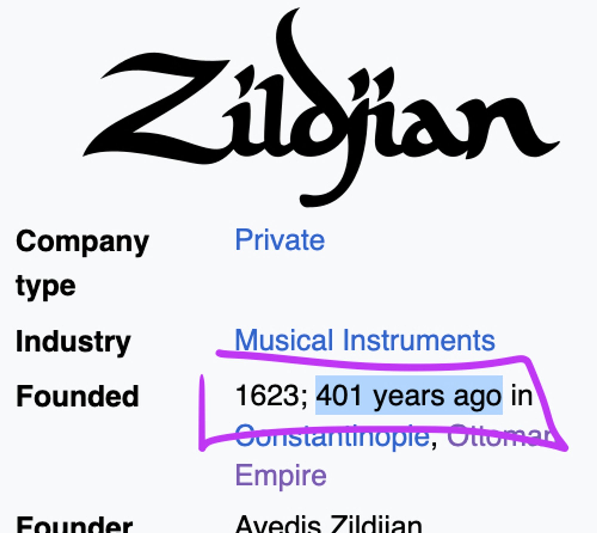 Wikipedia entry about company Zildjian. It mentions "Founded: 1623; 401 years ago in Constantinople, Ottoman Empire"