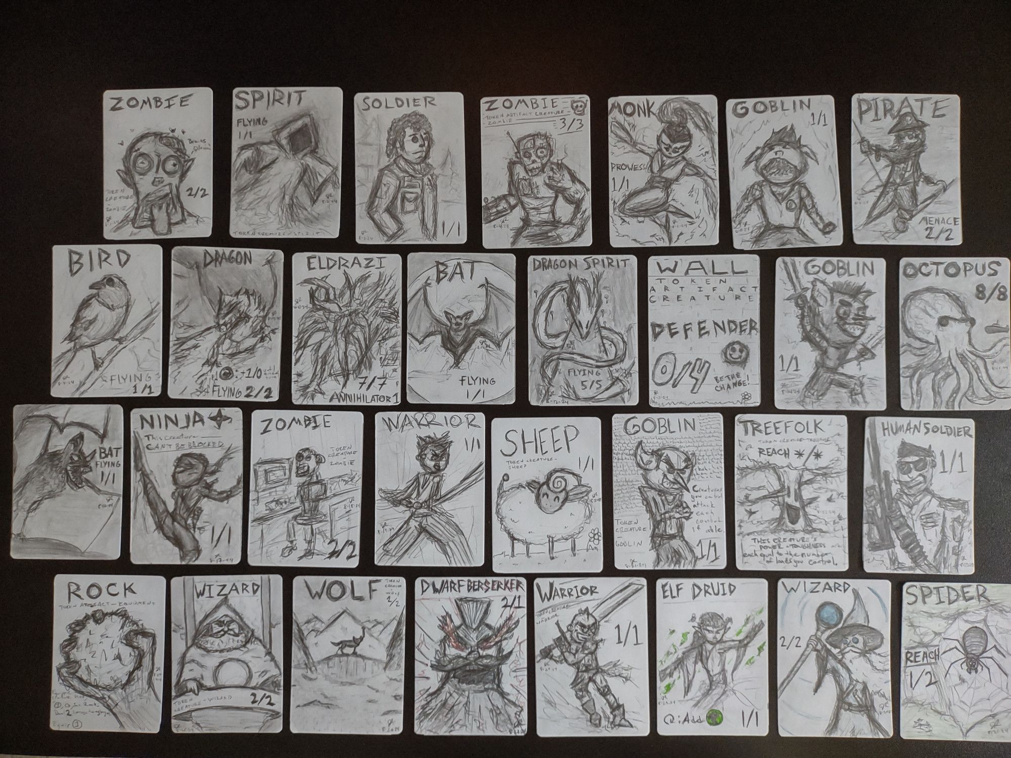 31 hand-drawn Magic the Gathering tokens on cardstock paper, one for each day of August.
The tokens in order of date are: Zombie, Spirit, Soldier, Zombie (Artifact), Monk, Goblin, Pirate, Bird, Dragon, Eldrazi, Bat, Dragon Spirit, Wall, Goblin, Octopus, Bat, Ninja, Zombie, Warrior, Sheep, Goblin, Treefolk, Human Soldier, a Rock, Wizard, Wolf, Dwarf Berserker, Warrior, Elf Druid, Wizard, and a Spider.