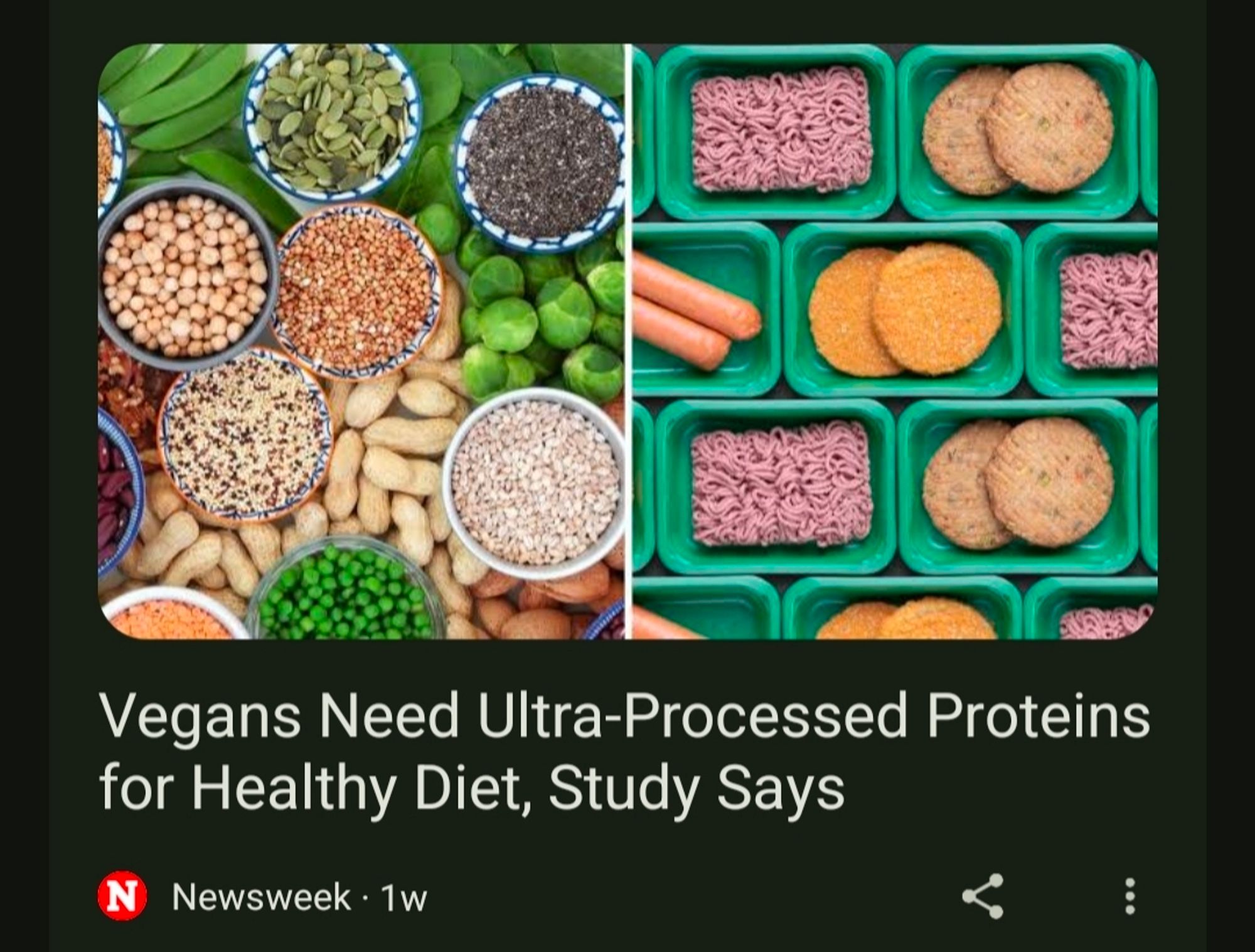 Newsweek headline: "vegans need ultra-processed proteins for healthy diet, study says"