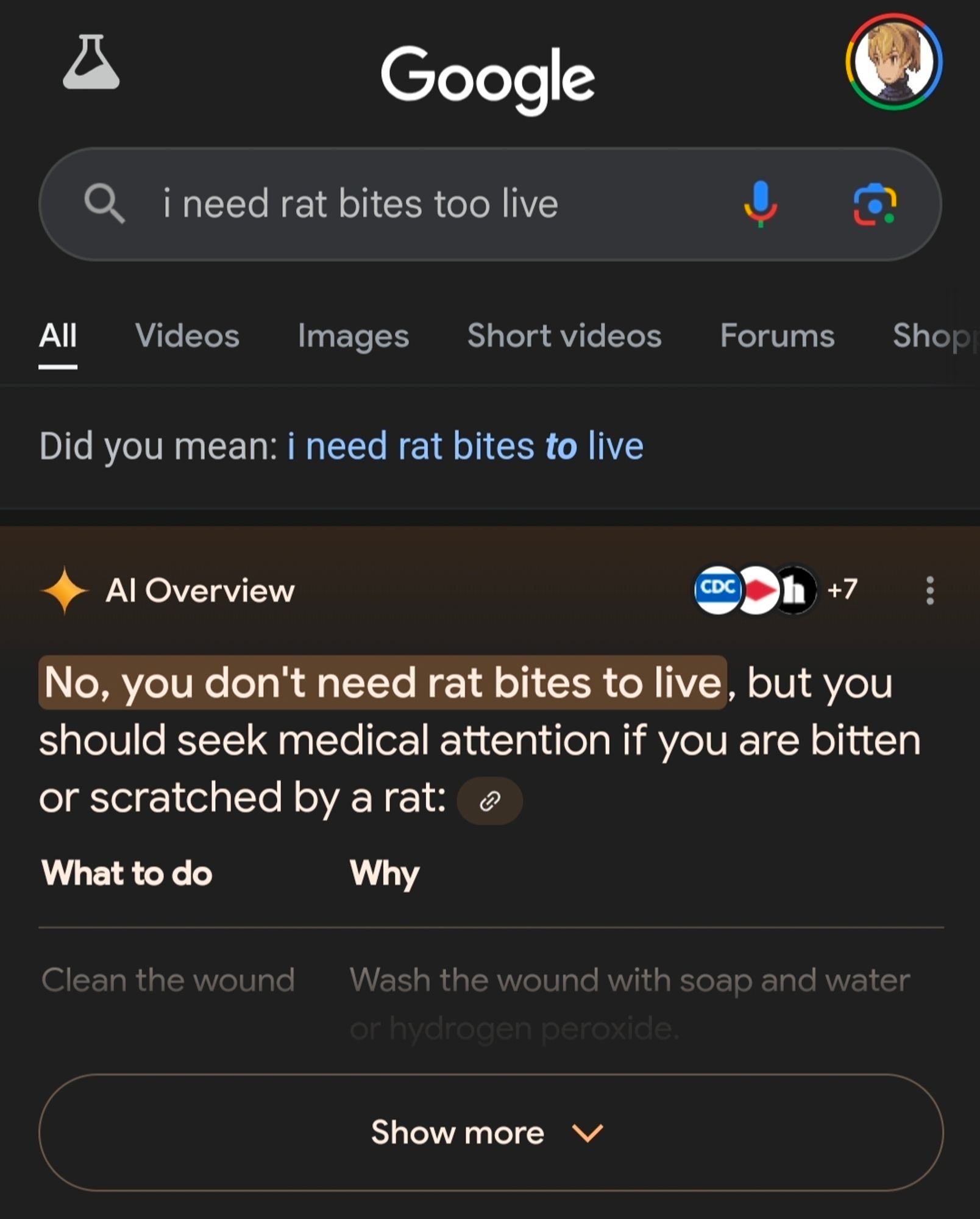 Google SRP AI Overview beginning with, "No, you don't need rat bites to live"