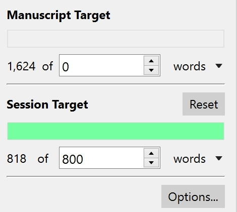 Word count total screenshot from Scrivener showing that 818 words have been written.