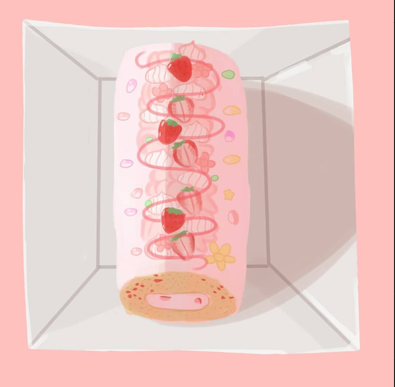 First ever digital art of food, a strawberry cake roll with bits of candies and meringue