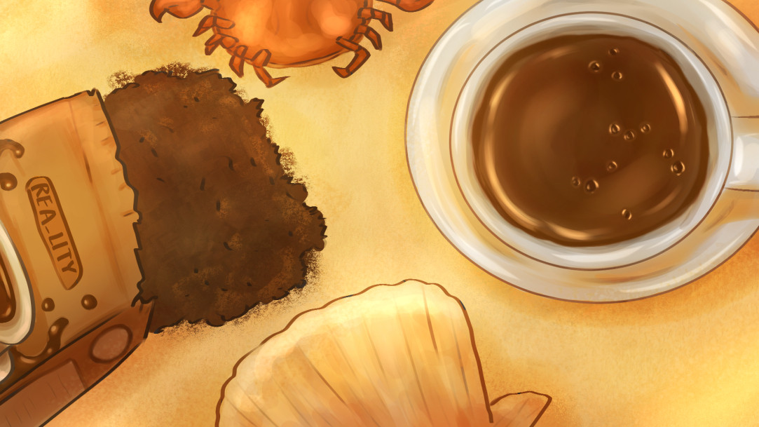 Recent digital food art; sand setting with a crab, seashell, a cup of coffee, and a bag of grounded coffee powder