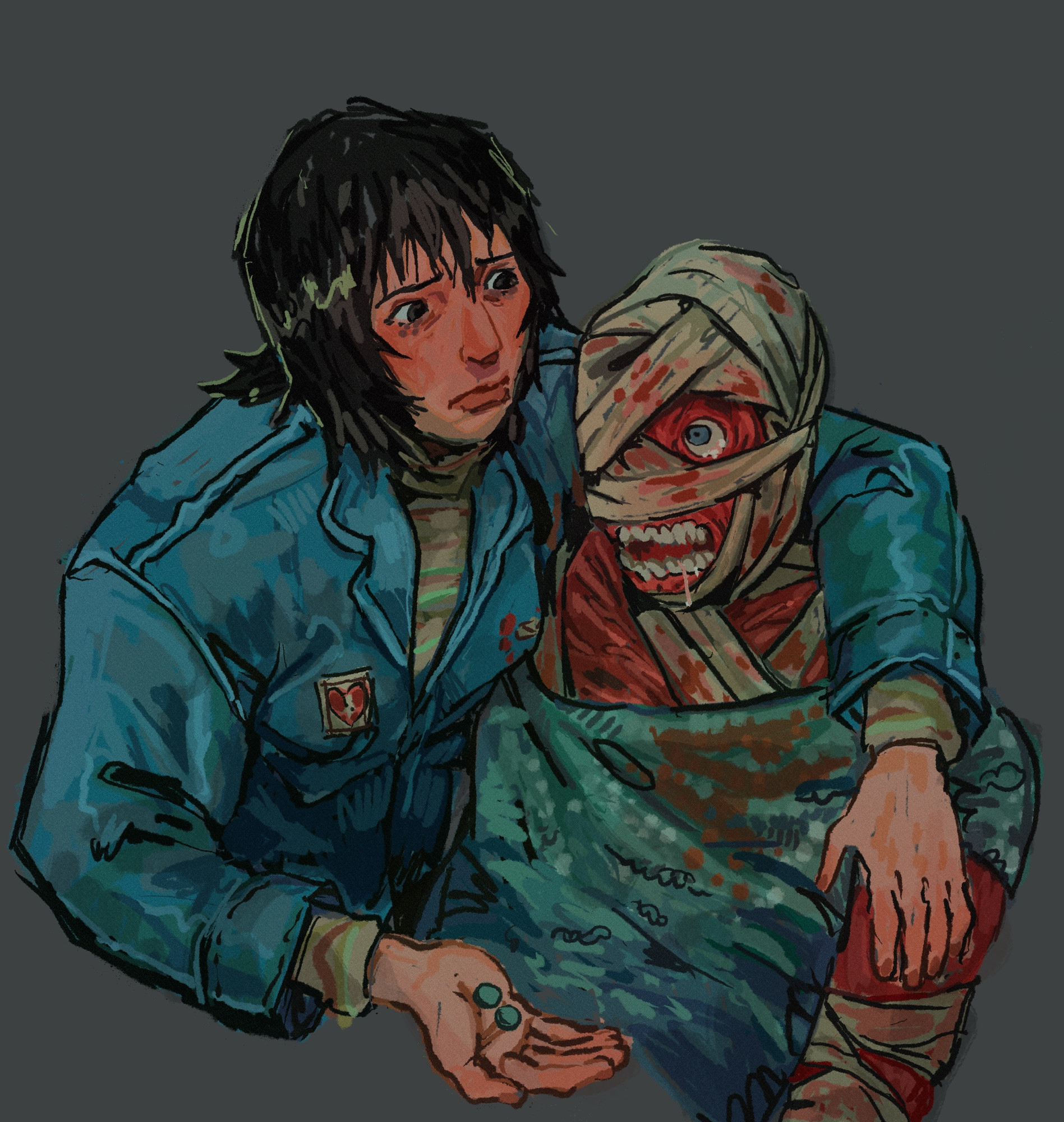 Digital fan art of Anya and Curly from the game "Mouthwashing." Anya is propping up the mutilated Curly and holding his pain medicine. They are staring at each other. Anya's expression is serious and somber. Curly appears to have tears in his eye.