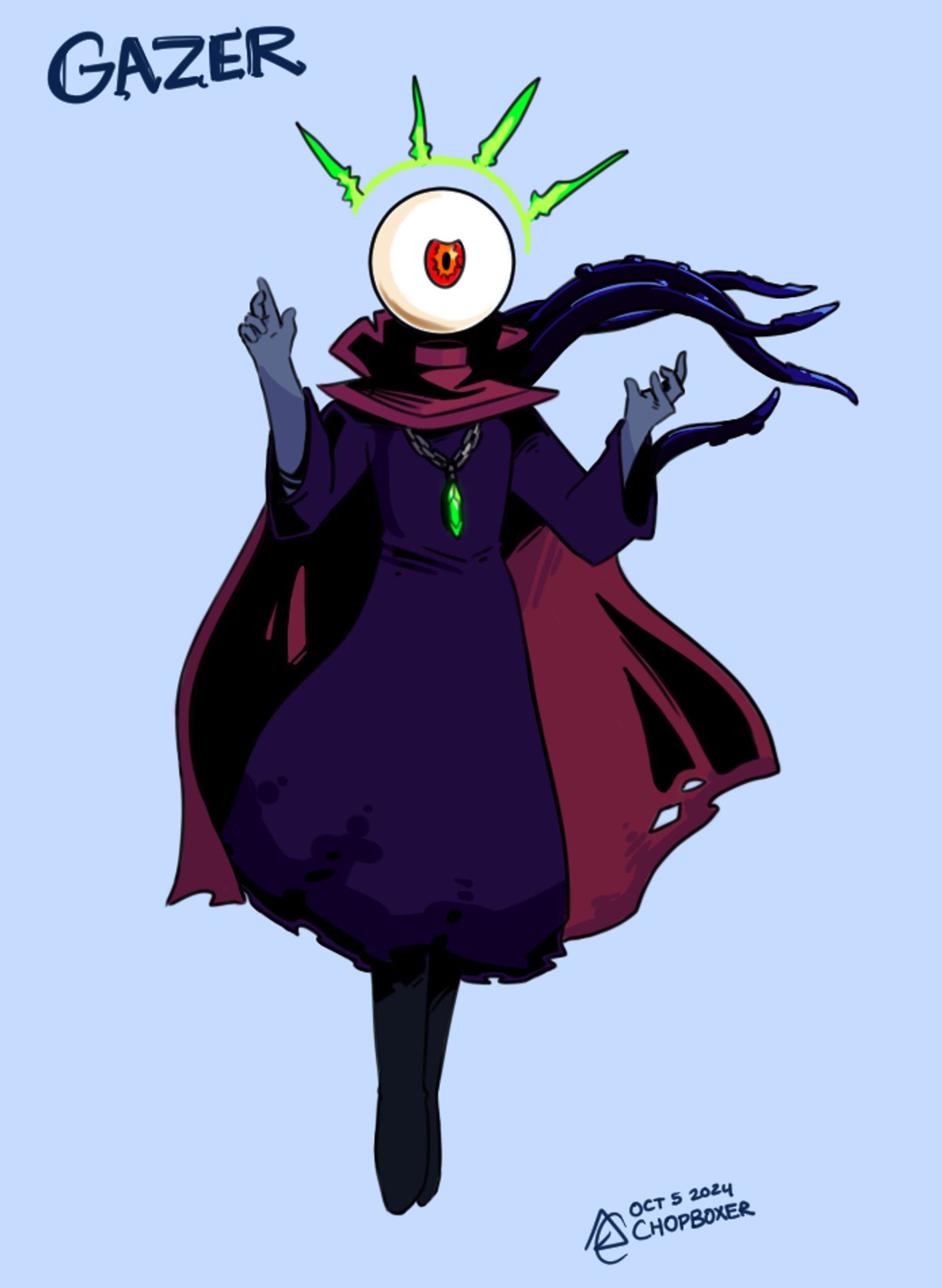 A robed, humanoid figure floats in the centre of the image, with a giant eyeball hovering where his head should be. He's wearing a high-collared and ragged cape, and a jagged crystal dangles from a chain over his shoulders. Four slimy-looking tentacles emerge from the shadow of his collar and leftmost sleeve.