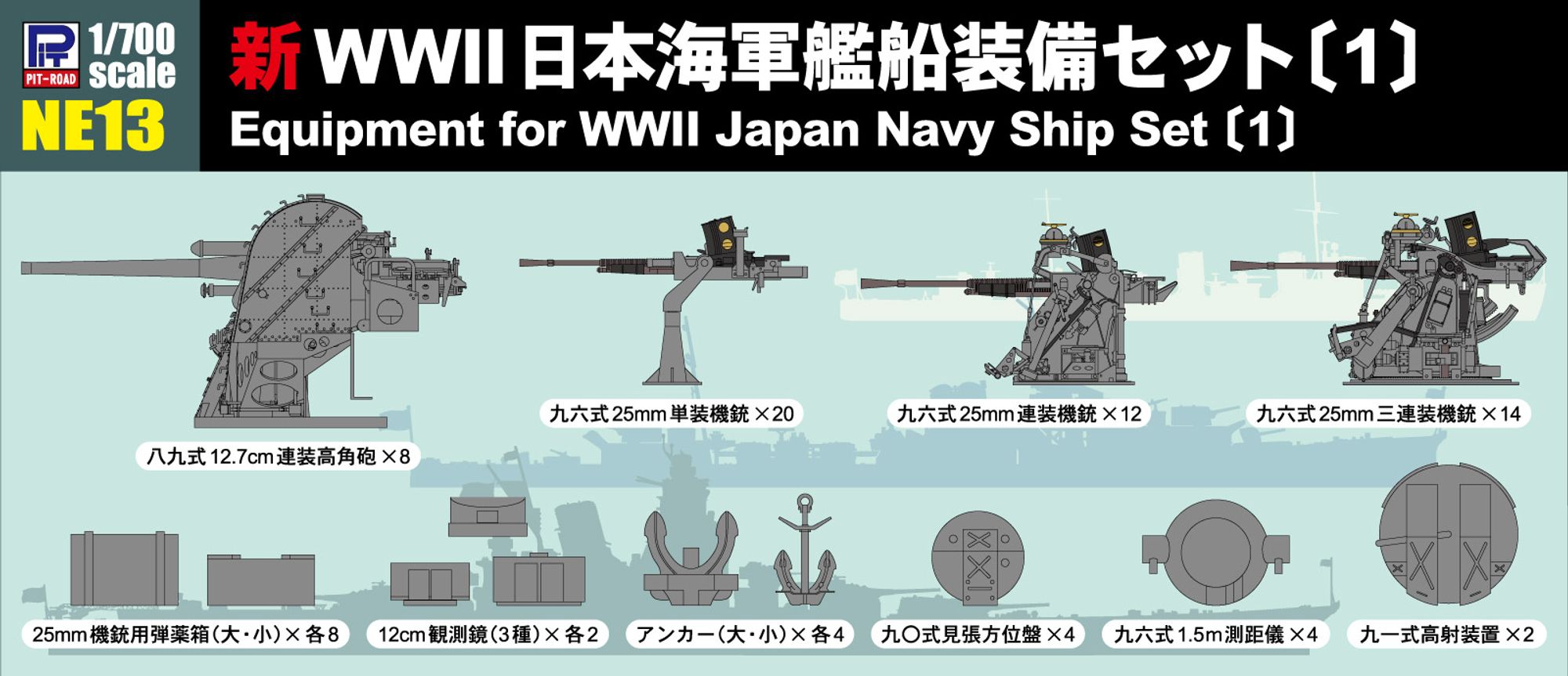 NE13「1/700 新 WWII 日本海軍 艦船装備セット1」(プラモデル)のパッケージ