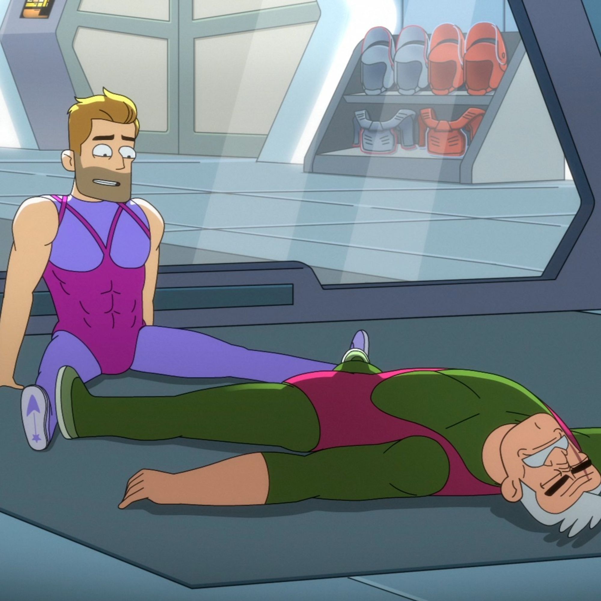 screencap from LOWER DECKS, ransom and shaxs wear similar workout gear.