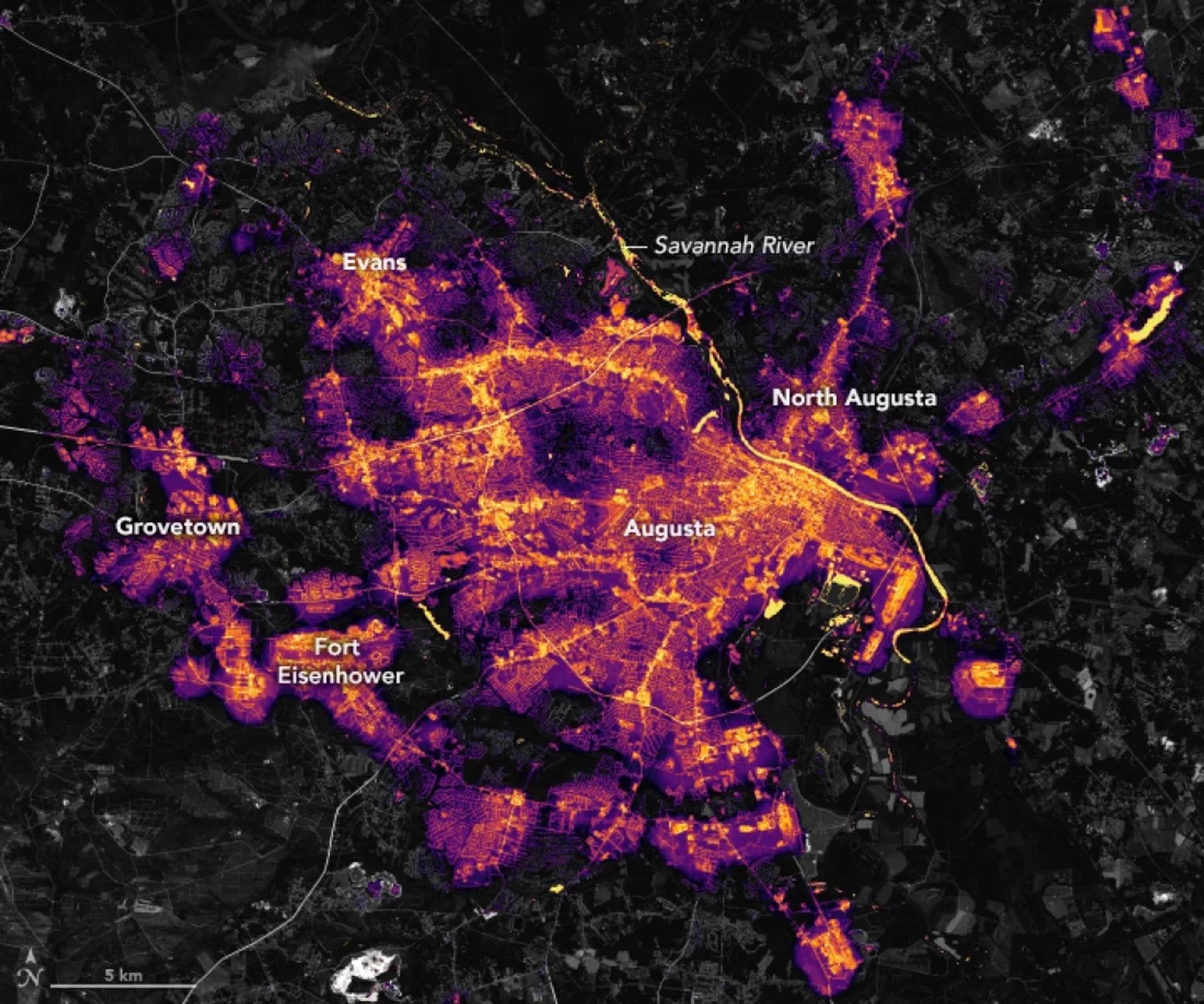 Nighttime satellite view of Augusta, Georgia before Hurricane Helene. Both the city and suburbs are well lit.