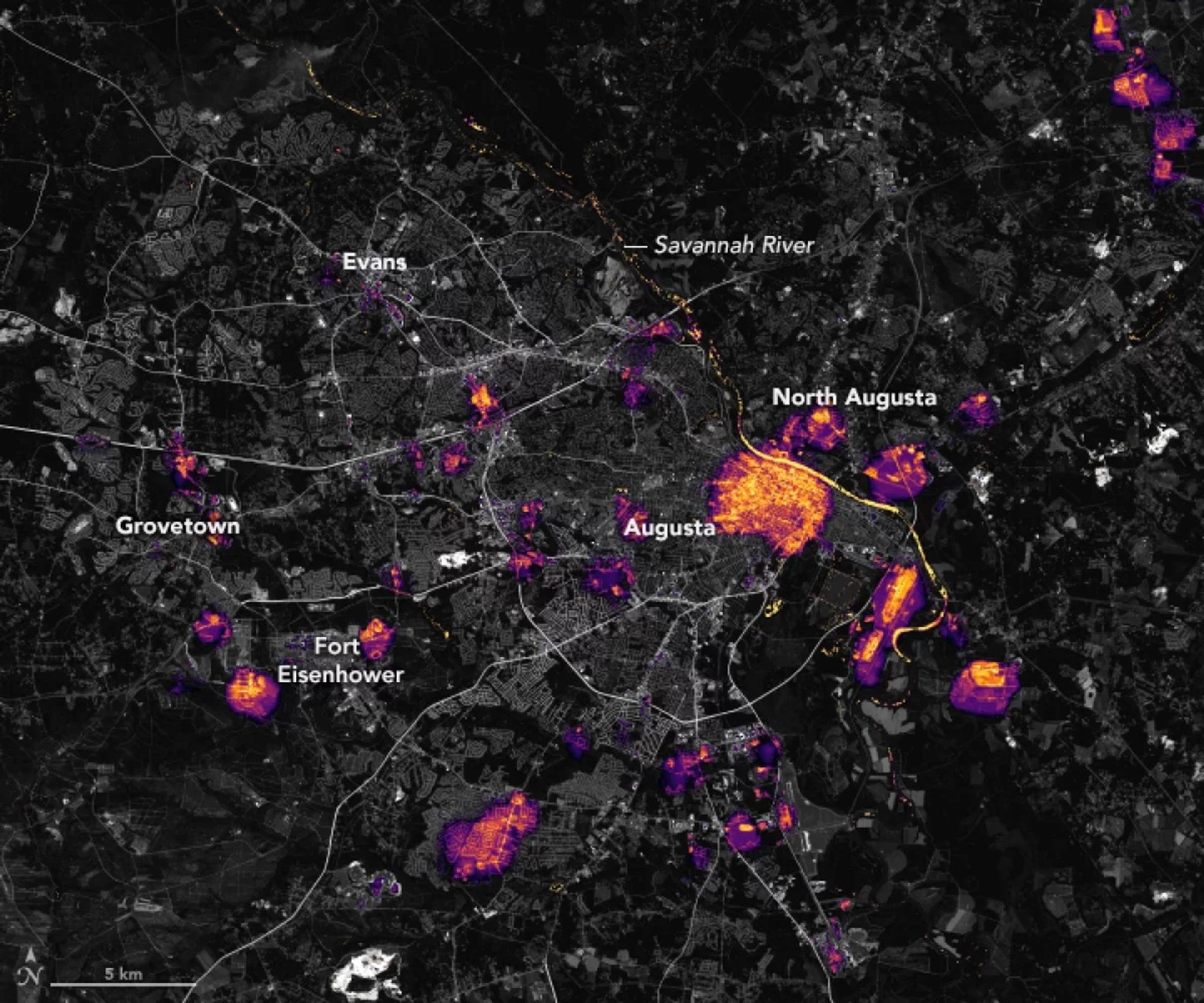 Nighttime satellite view of Augusta, Georgia acquired after Hurricane Helene struck. The downtown core and a few other areas remain lit, but most of the city is dark.