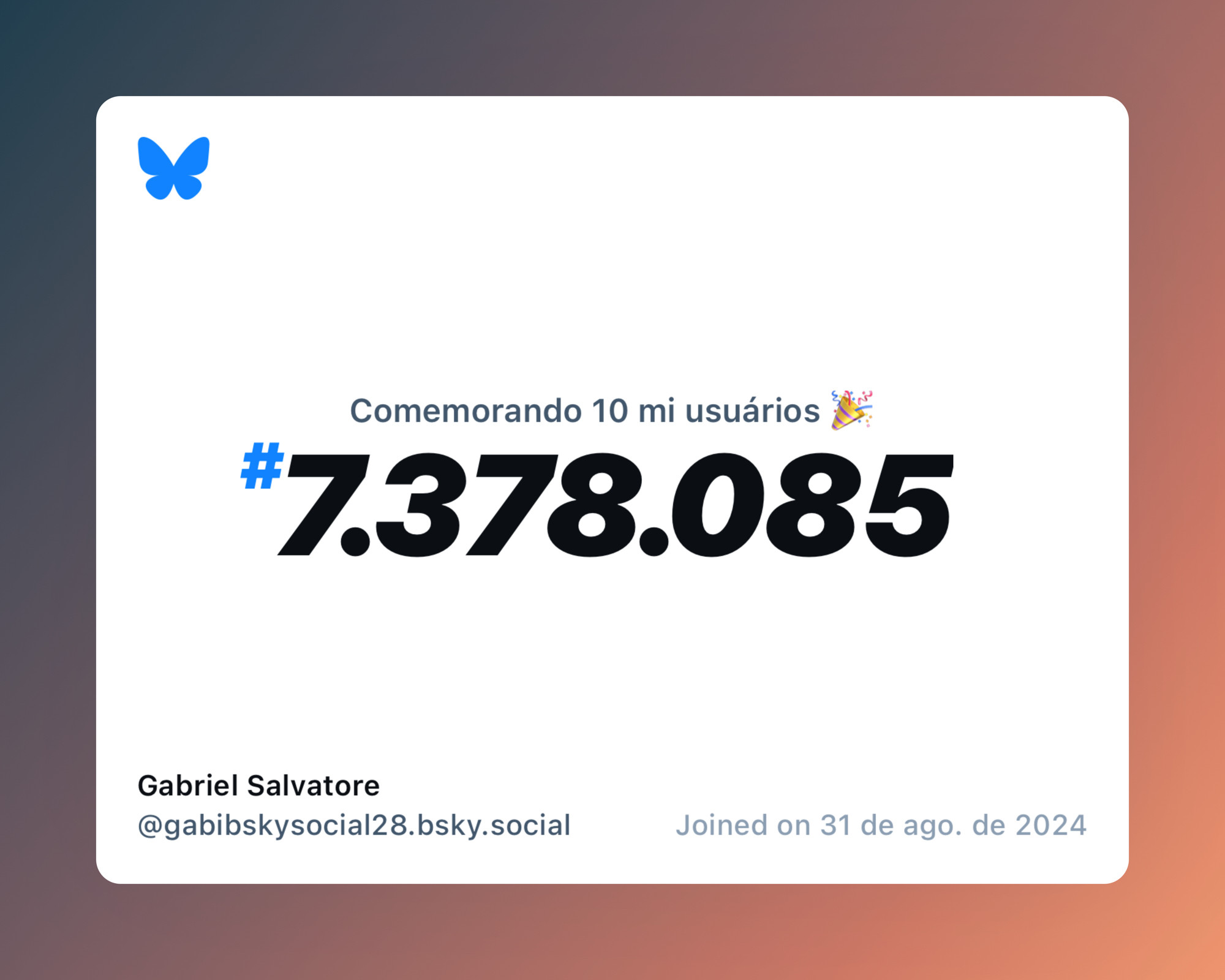 Um certificado virtual com o texto "Comemorando 10 milhões de usuários no Bluesky, #7.378.085, Gabriel Salvatore ‪@gabibskysocial28.bsky.social‬, ingressou em 31 de ago. de 2024"