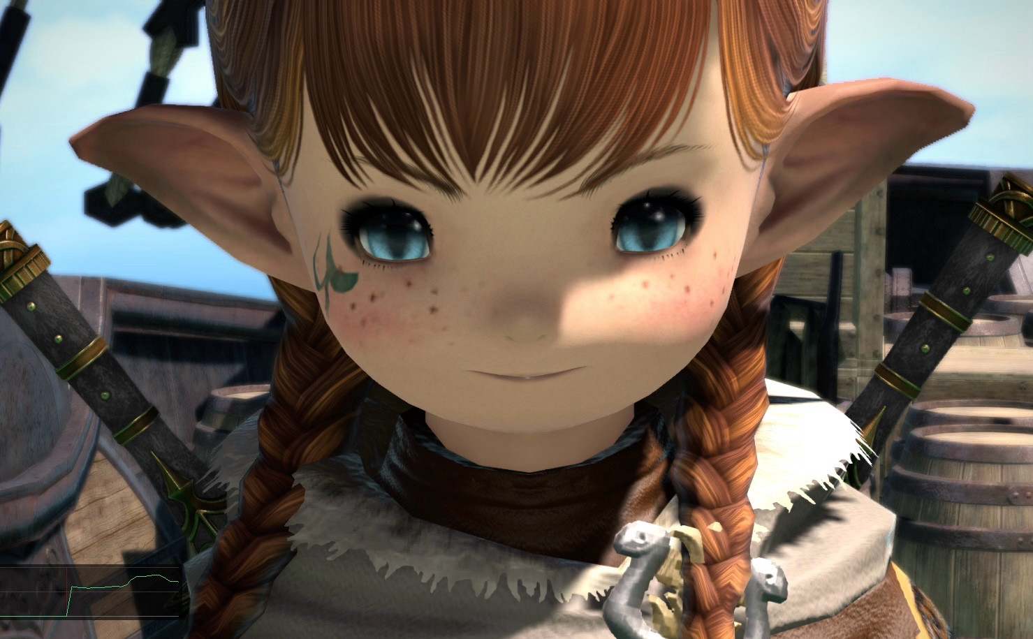 Lalafell with red beaded pigtails starting at the camera a grin on her face.