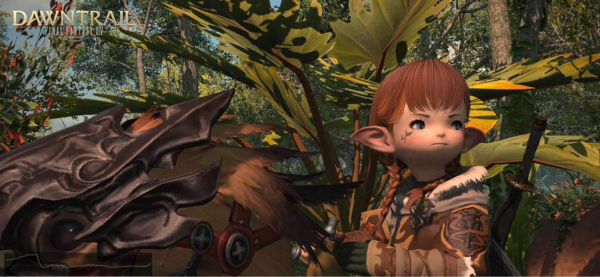 Lalafell in Dawntrail riding a chocobo and searching around her. She has red braids pale skin and blue eyes. She has yellow leather armor on and holds a map while looking outward around the jungle she’s in.