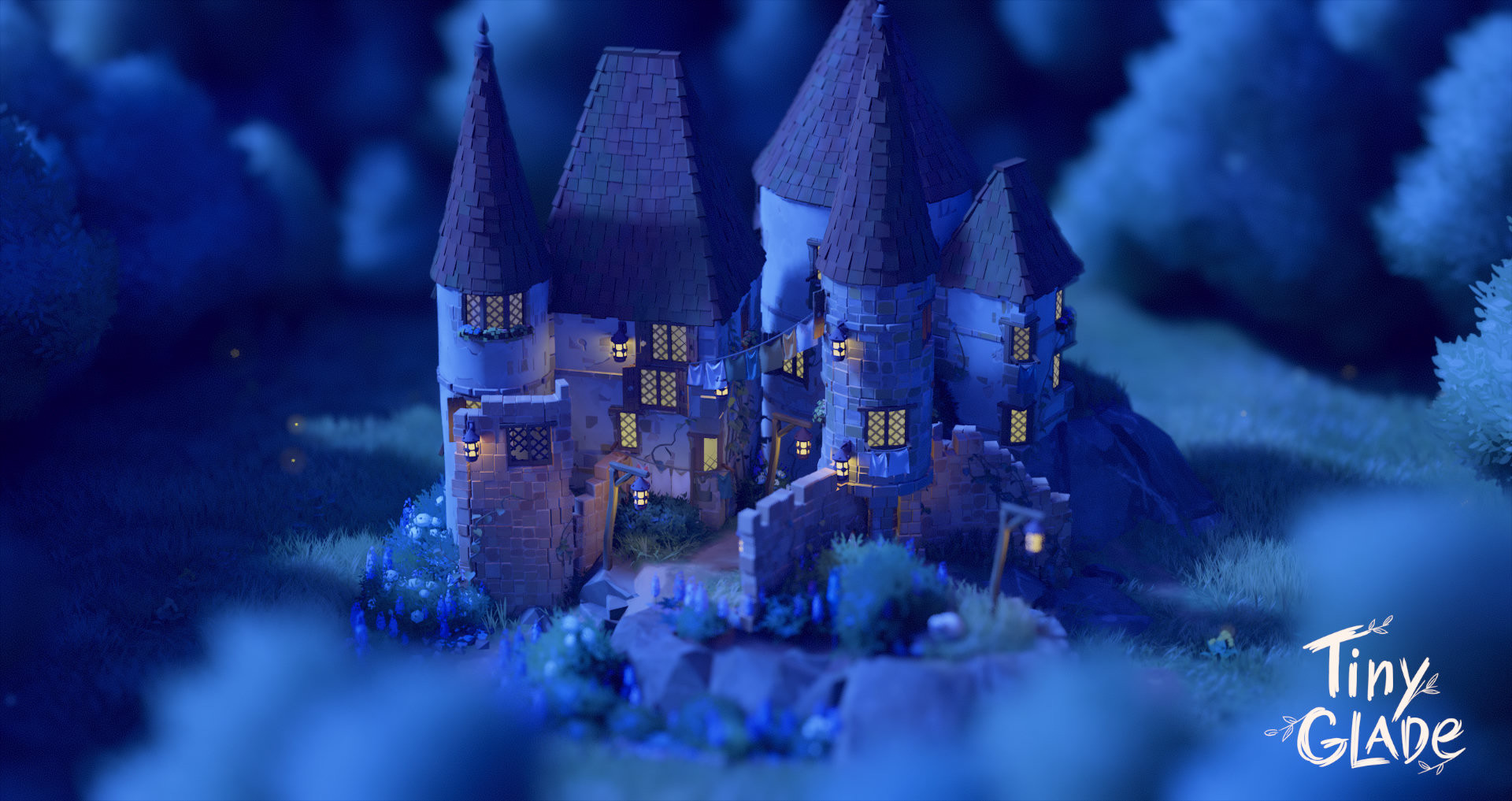 a little castle from the game tiny glade.  it's got three pointed towers with laundry strung between them.  lamp posts line little pathways as the night sky hangs over the structure in a soft blue.