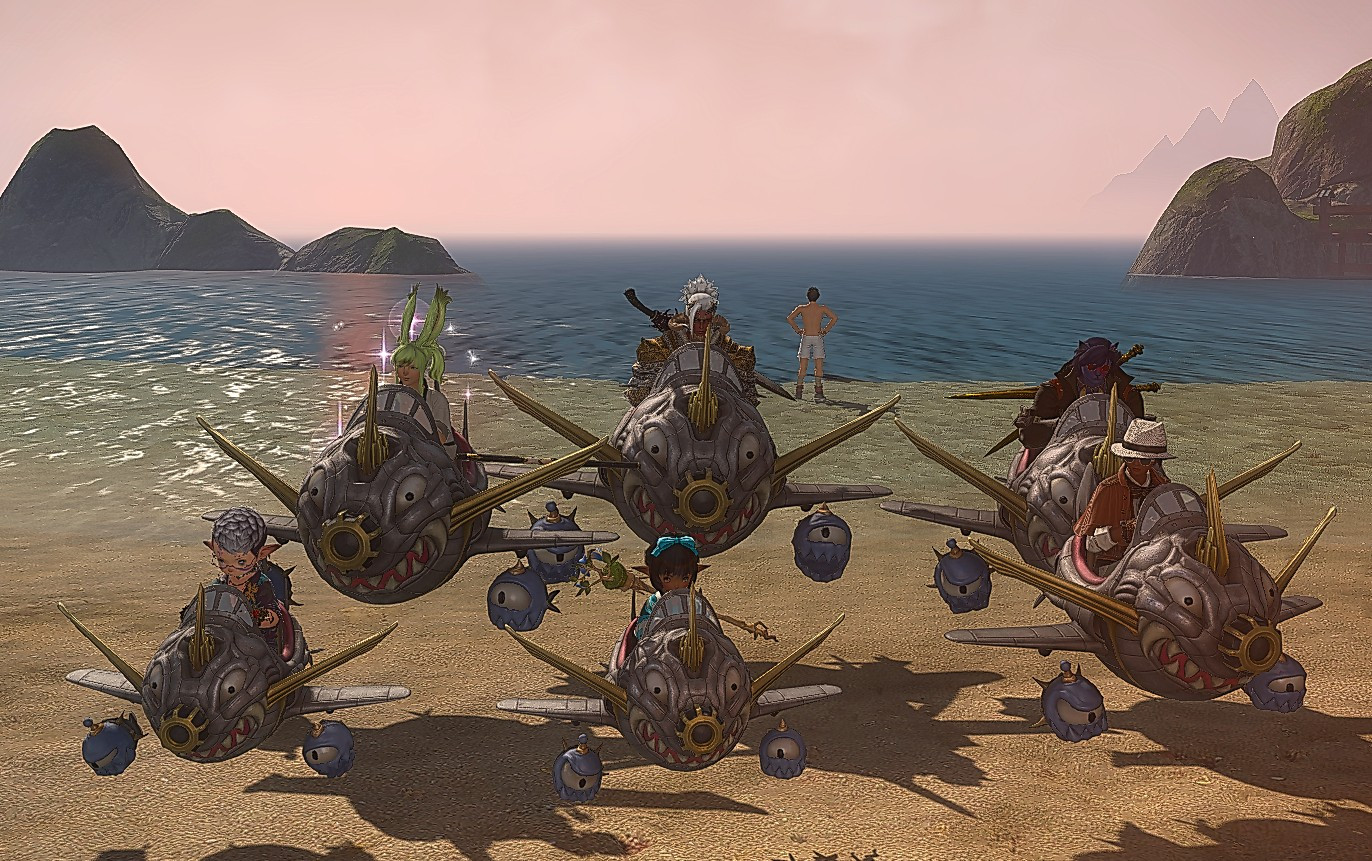 a group of six free company members posing while seated in the little airplane from the delta scape kefka fight.