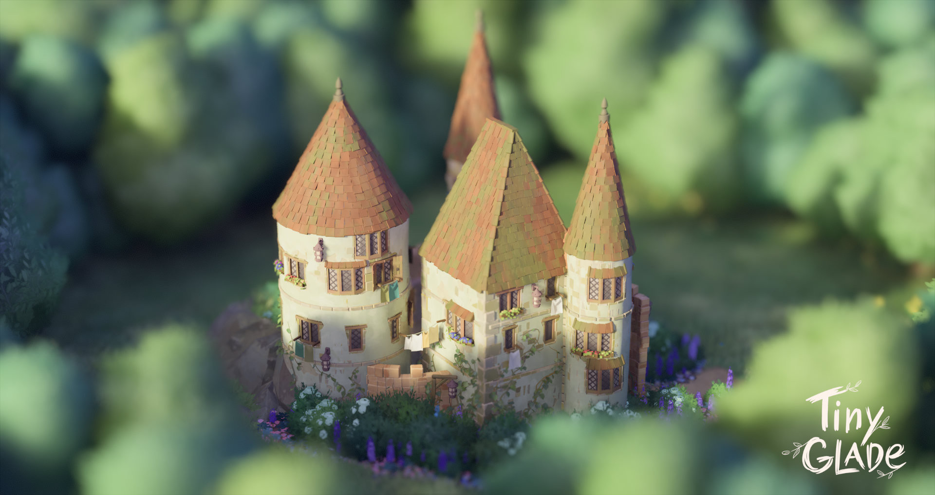 a little castle from the game tiny glade.  it's got three pointed towers with laundry strung between them.  lamp posts line little pathways as the sky hangs over the structure in a golden-green light.