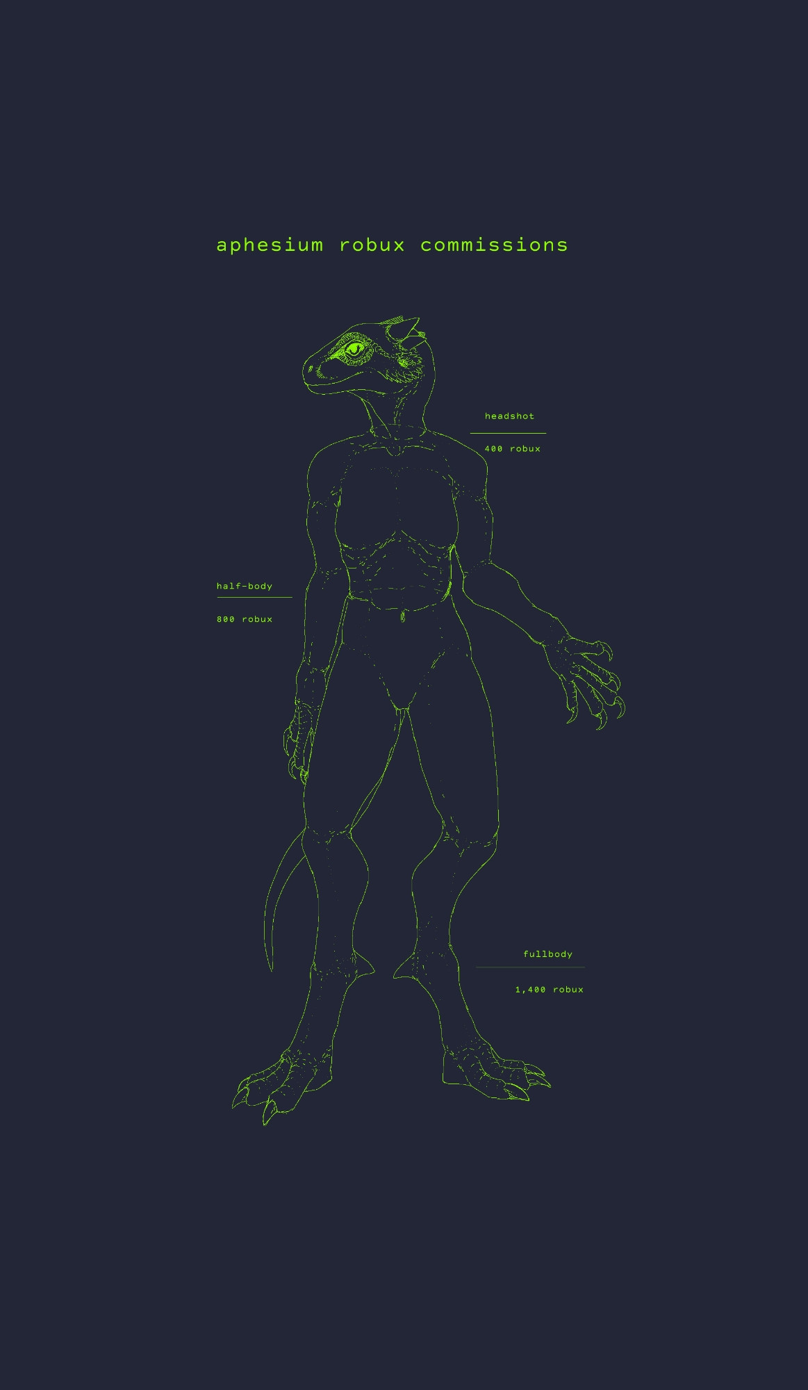 my robux sketch commission sheet!

headshot = 400 robux
half-body = 800 robux
full-body = 1,400 robux