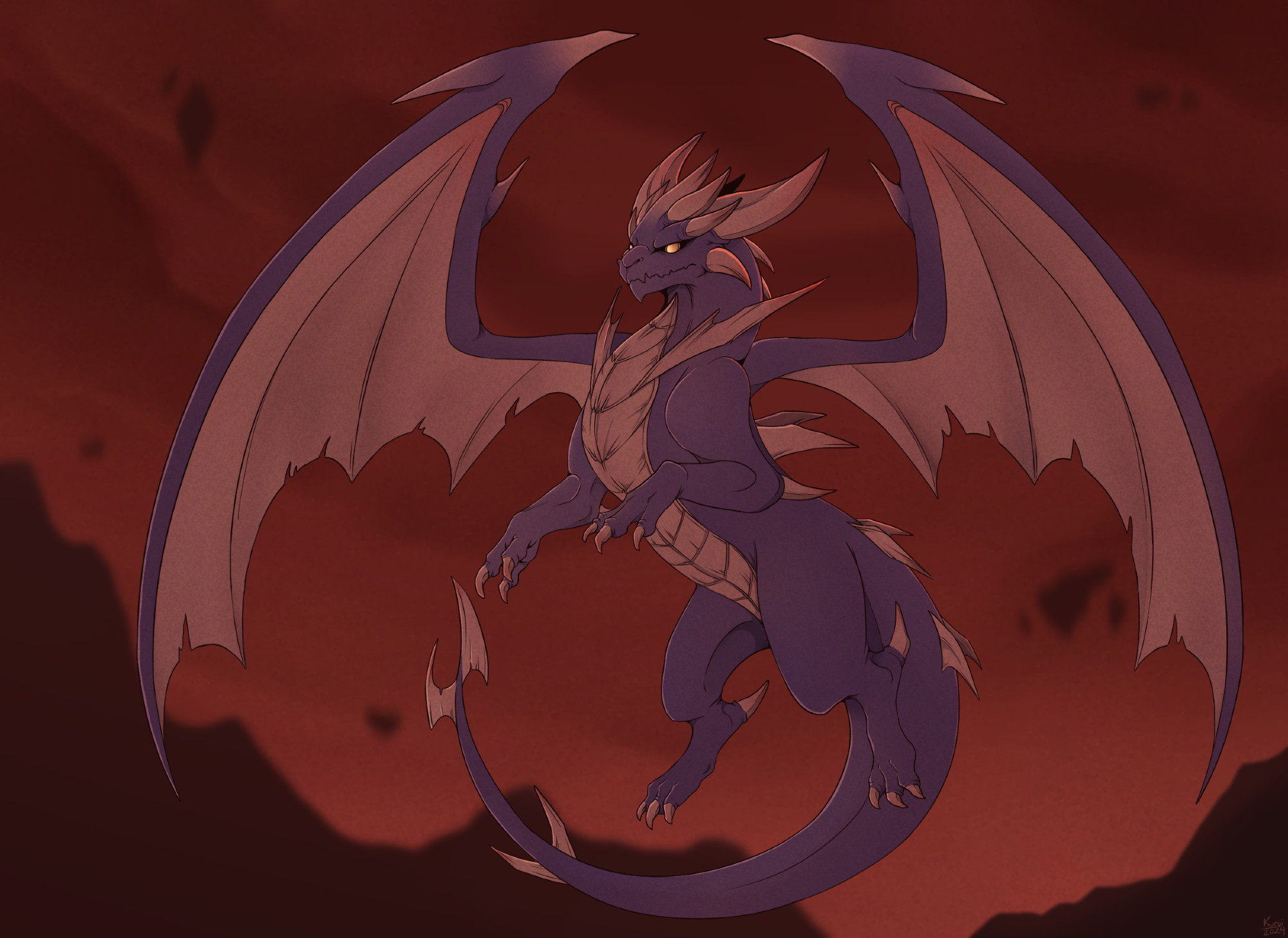 Full-body illustration of Malefor from The Legend of Spyro series. Background is red sky and mountains.