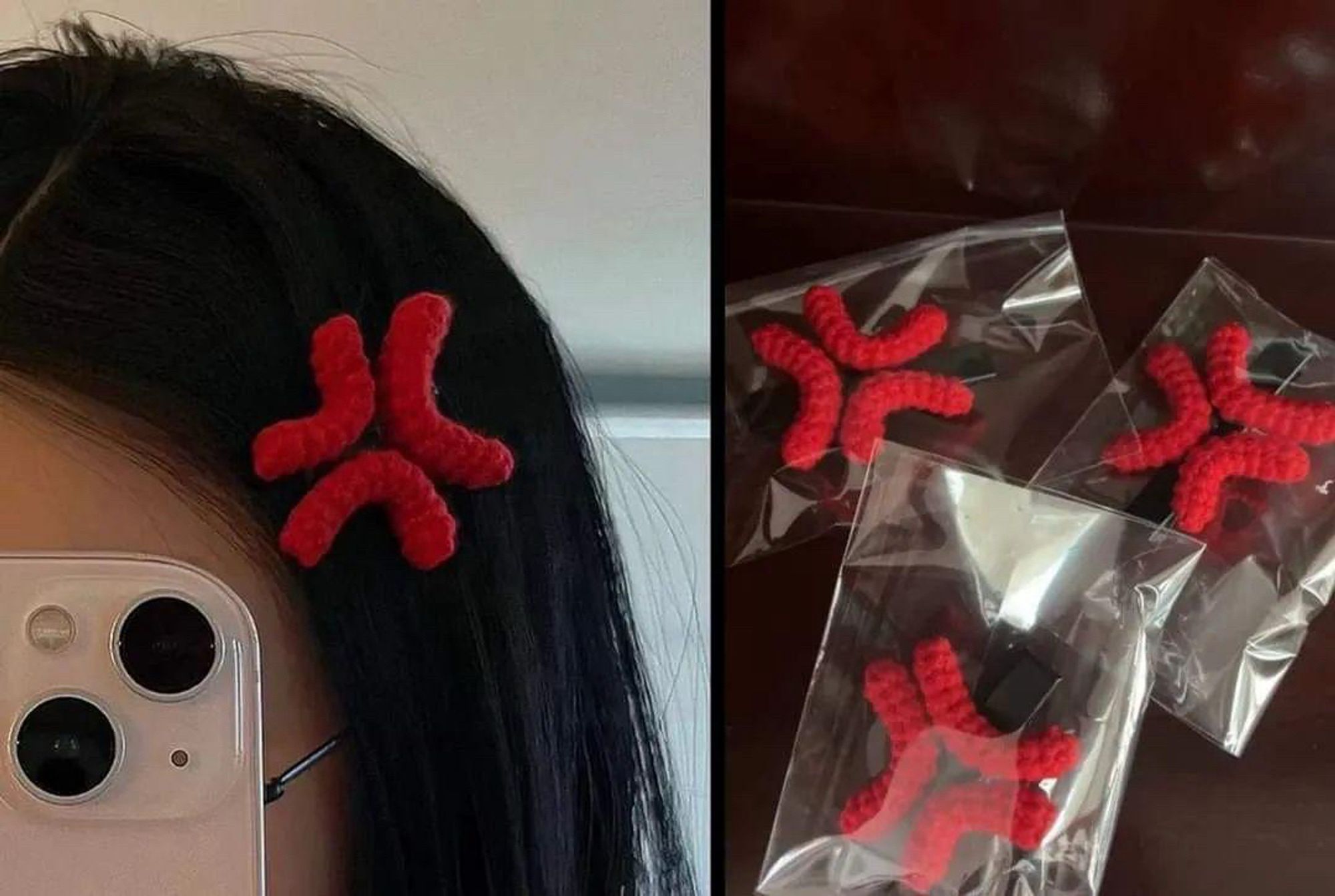 hair clips that make it look like you have the anime anger symbol, the one that kind of looks like three Us all joined at the center, on your head