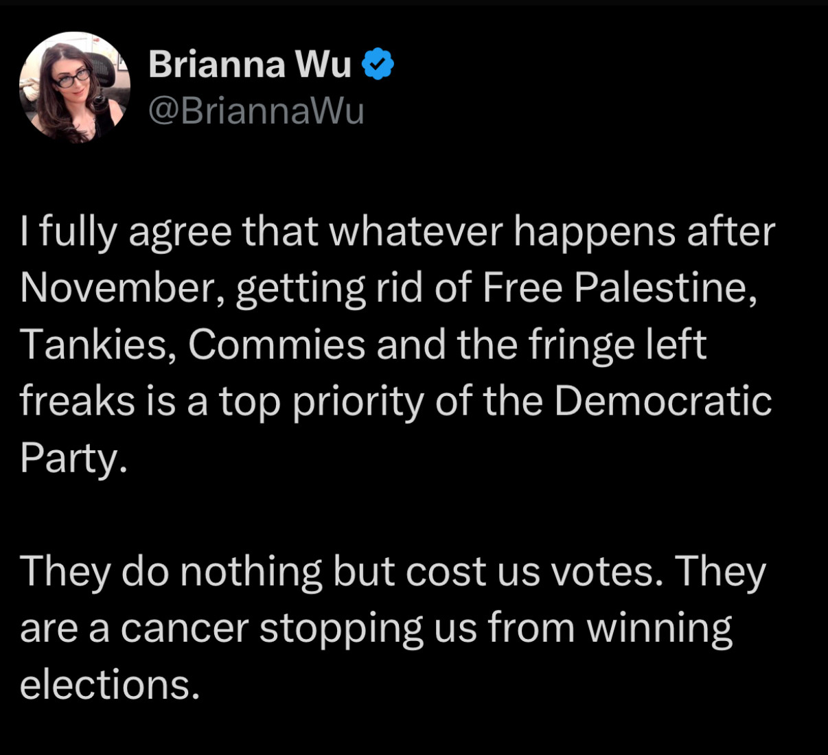 tweet from @BriannaWu

I fully agree that whatever happens after November, getting rid of Free Palestine, Tankies, Commies and the fringe left freaks is a top priority of the Democratic Party.
They do nothing but cost us votes. They are a cancer stopping us from winning elections.