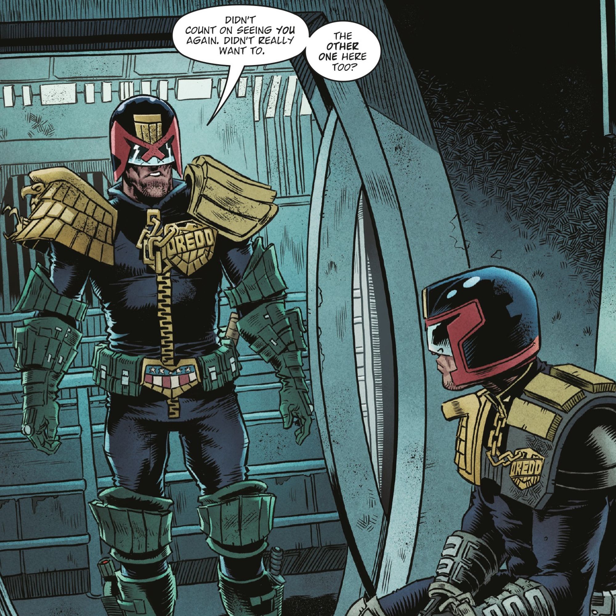 Judge Dredd comes face-to-face with... Judge Dredd! The Judge Dredd from the 1995 movie. It's a Dredd team-up! 

"The other one here too?" he asks...