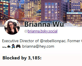 shot from clearsky showing Brianna Wu is blocked by only 3,185 people on Bluesky, which is unacceptable it should be 10x that