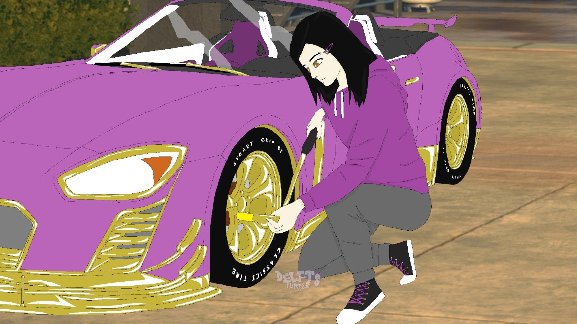 Anime style drawing of a skinny man with long black hair wearing a purple hoodie, grey sweatpants and black converse, changes a wheel on a gold and purple cabriolet sports car.