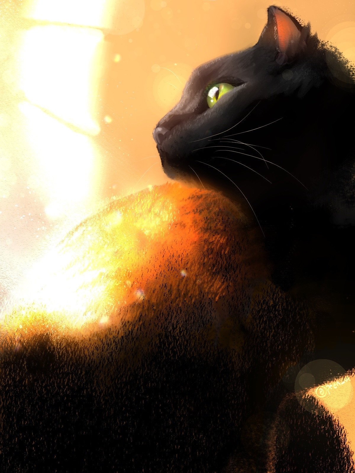 A digital painting of a black cat with green eyes, sitting in a sunbeam. 