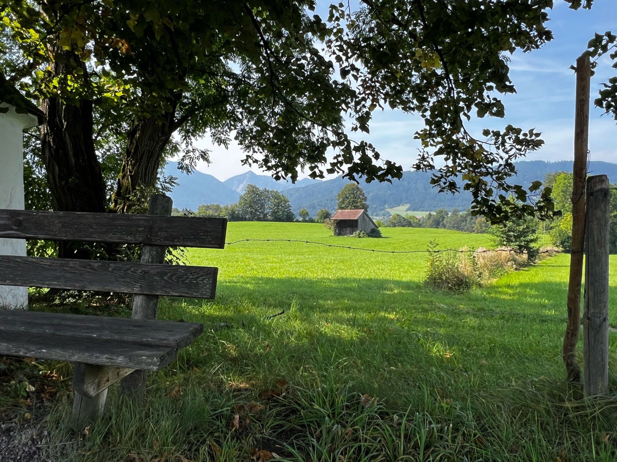 Blick über eine grüne Wiese mit einer Hütte im Hintergrund auf die Berge