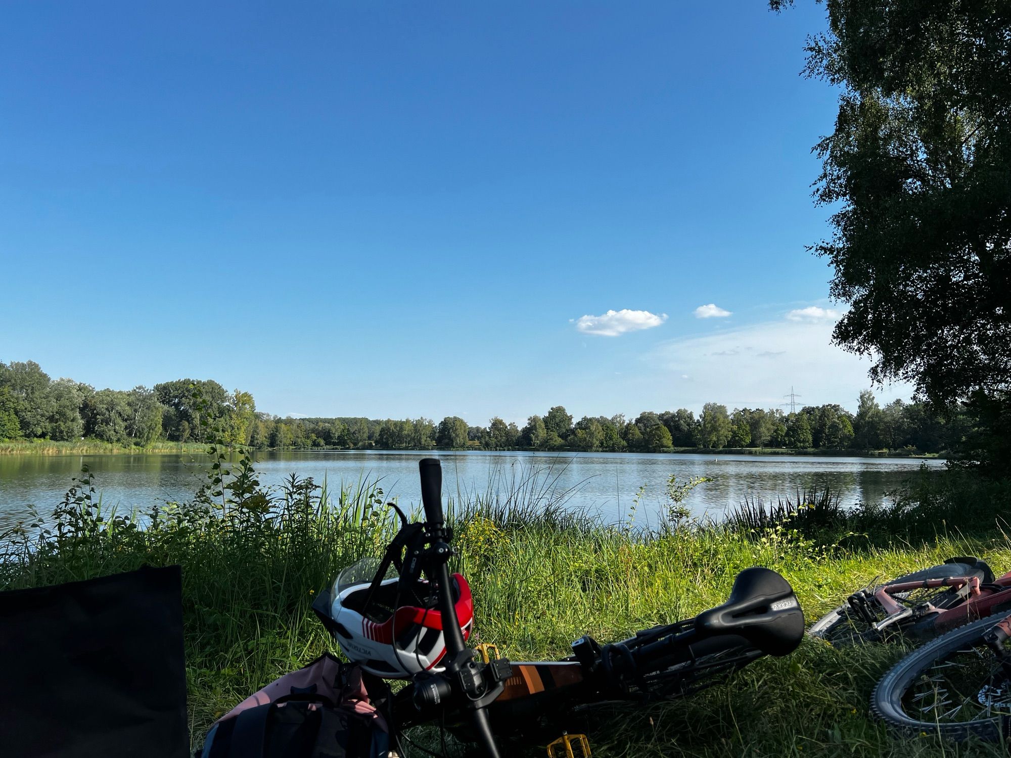 Blick über den See, im Vordergrund liegen zwei Fahrräder im Gras