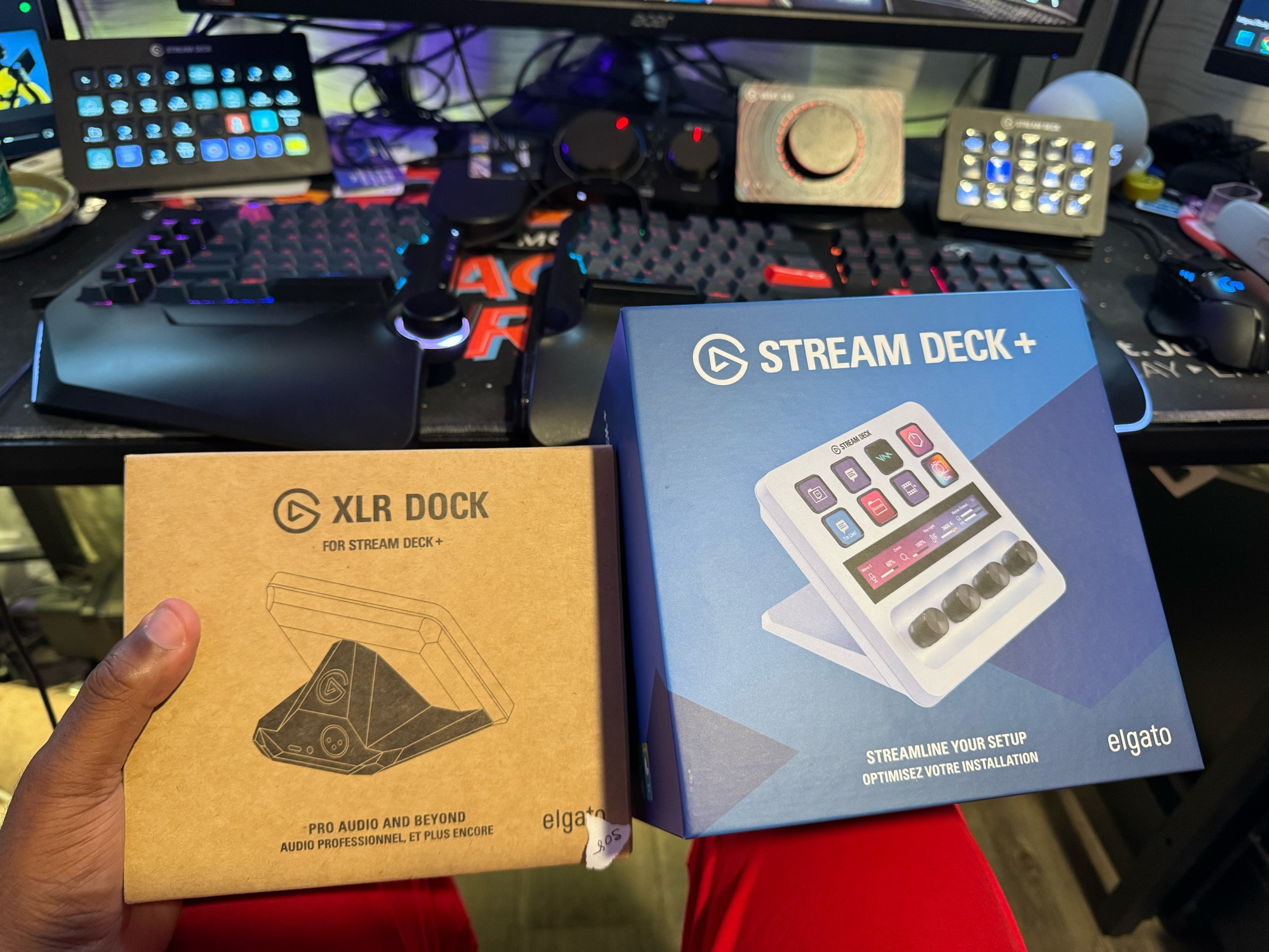 Picture of a Stream Deck+ box and an XLR Dock box, not yet opened