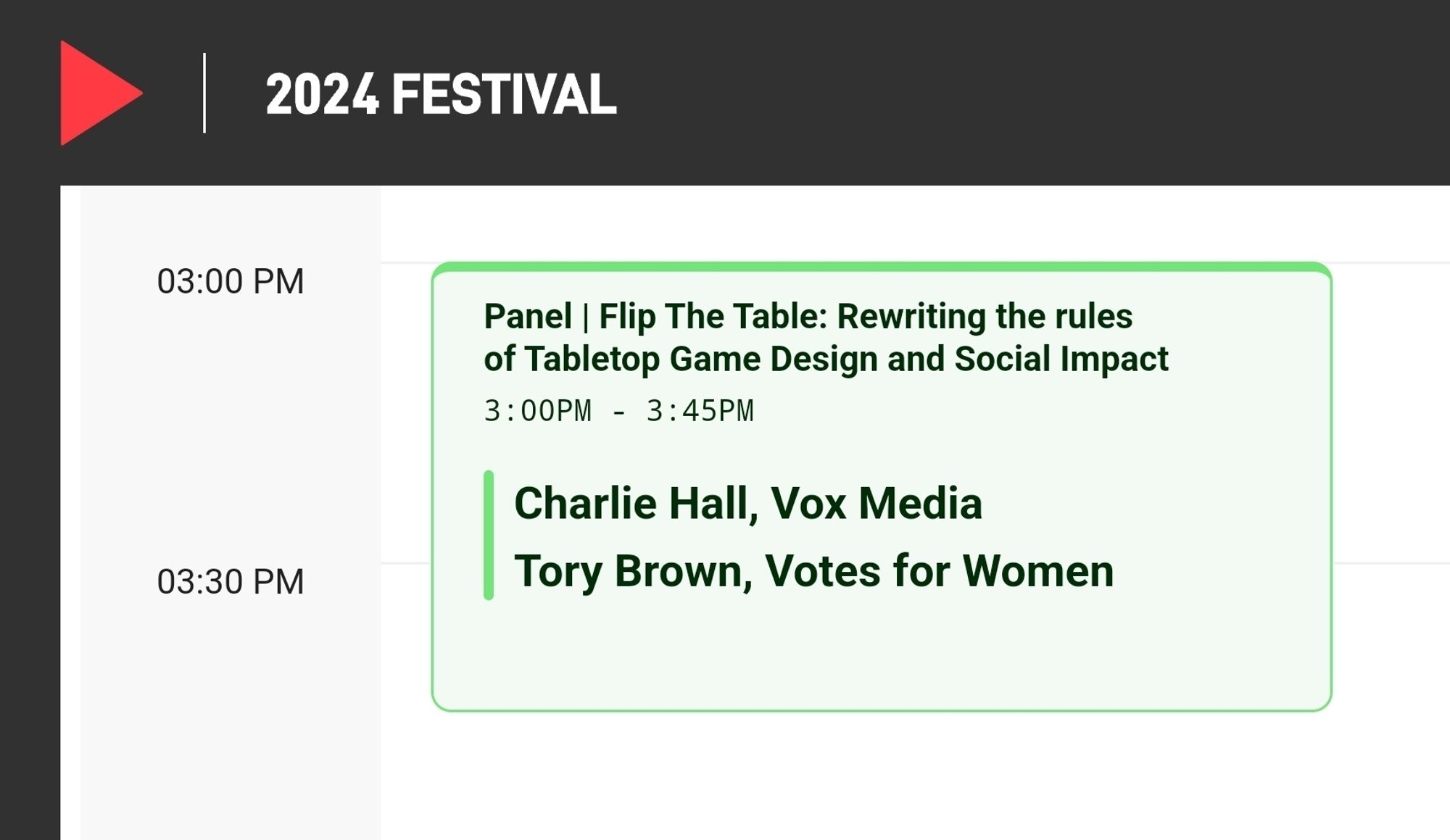 A screengrab from the G4C schedule showing a panel at 3 PM on the main stage titled "Flip the Table: Rewriting the rules of Tabletop Game Design and Social Impact" hosted by Charlie Hall from Vox Media.