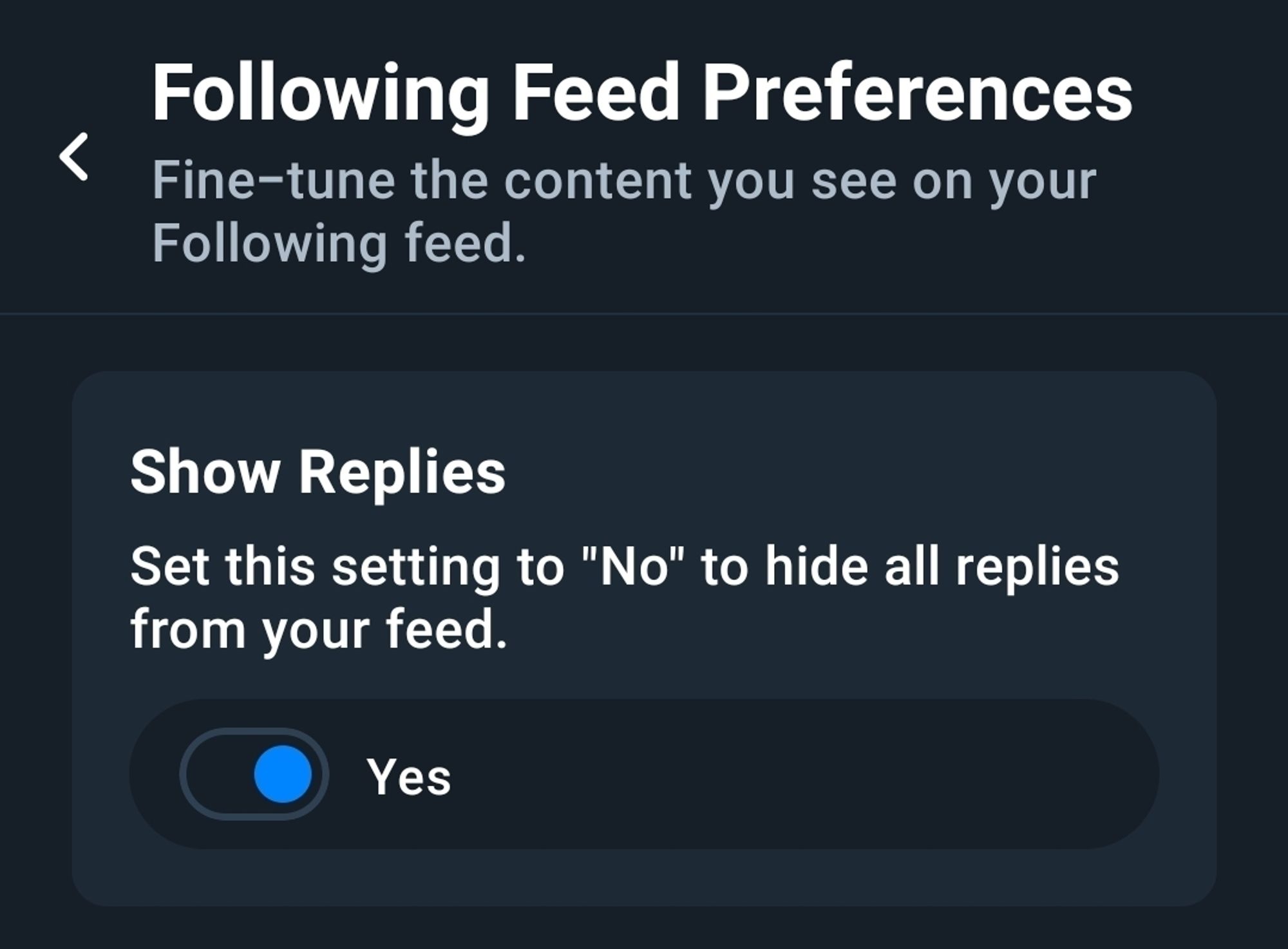 A screenshot from the Following Feed Preferences menu showing the "Show Replies" option.