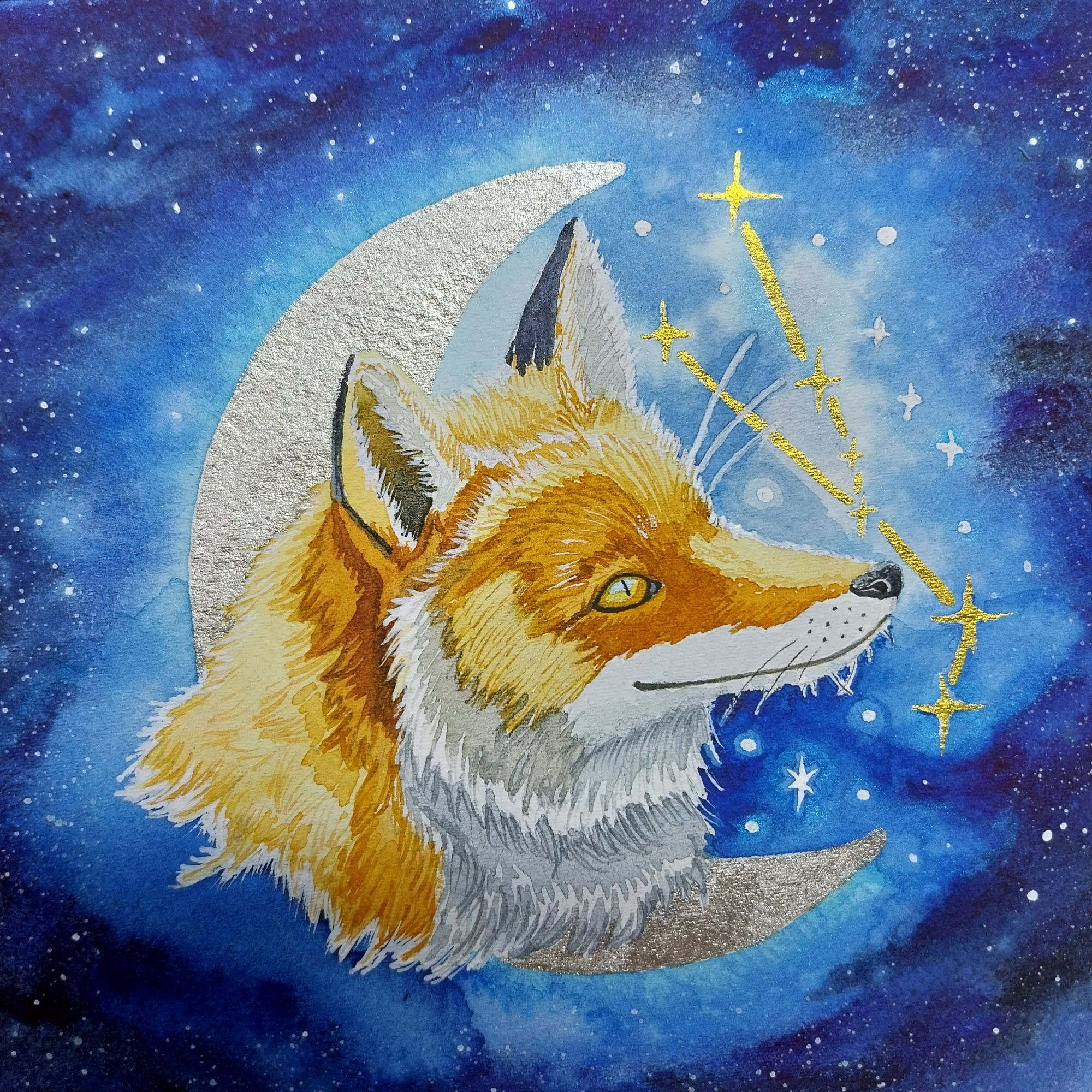 Red fox with crescent moon and galaxy