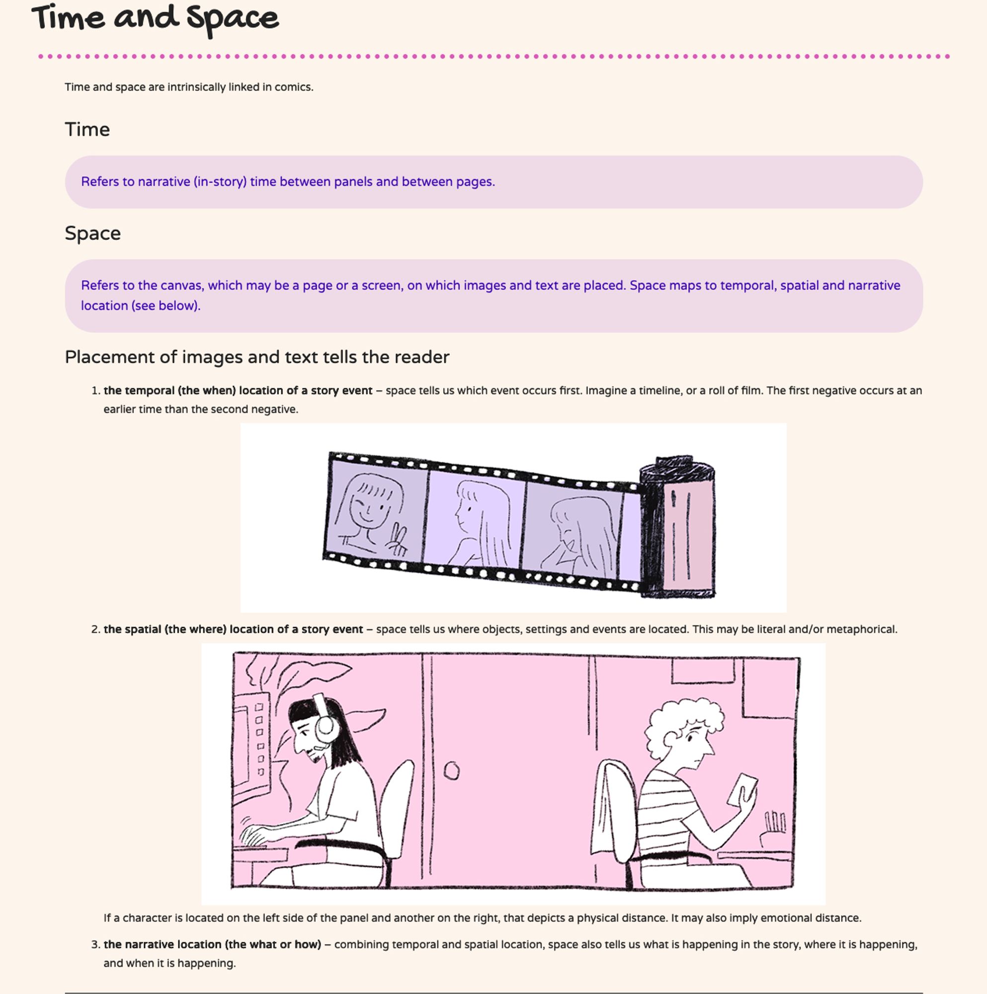 Another screenshot with too long full text. The summary is... Time and space are intrinsically linked in comics. Time refers to in-story time between panels and pages. Space refers to the canvas of the comic, either a page or screen, on which images and text are placed. Placement of text and image can tell us the temporal location of a story; the spatial location of a story, and the narrative location. The when, where, how and what.