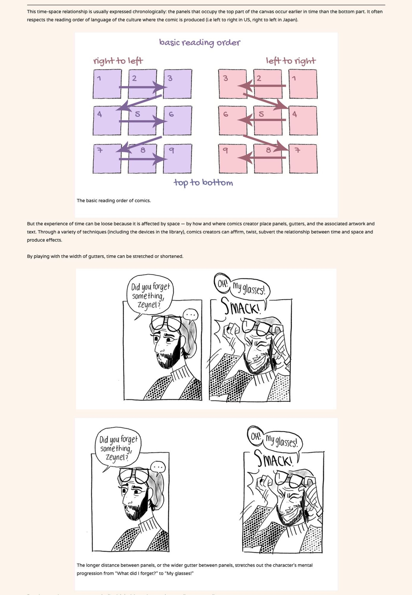 The time-space relationship is often expressed chronologically: in English, a panel on the left occurs at an earlier time than a panel on the right. This is a basic reading order that's affected by the language of the culture from where the comic is produced in. So in the US, it's left to right. Japan is right to left. But we don't have to conform to this, because in comics, the epxerience of time can be loose depending on where an artist places the text and image in space. Using a variety of techniques, artists can subvert, affirm, twist time-space. For example, lengthening the distance between panels, or in other words, widening the gutter, can lengthen a story beat.