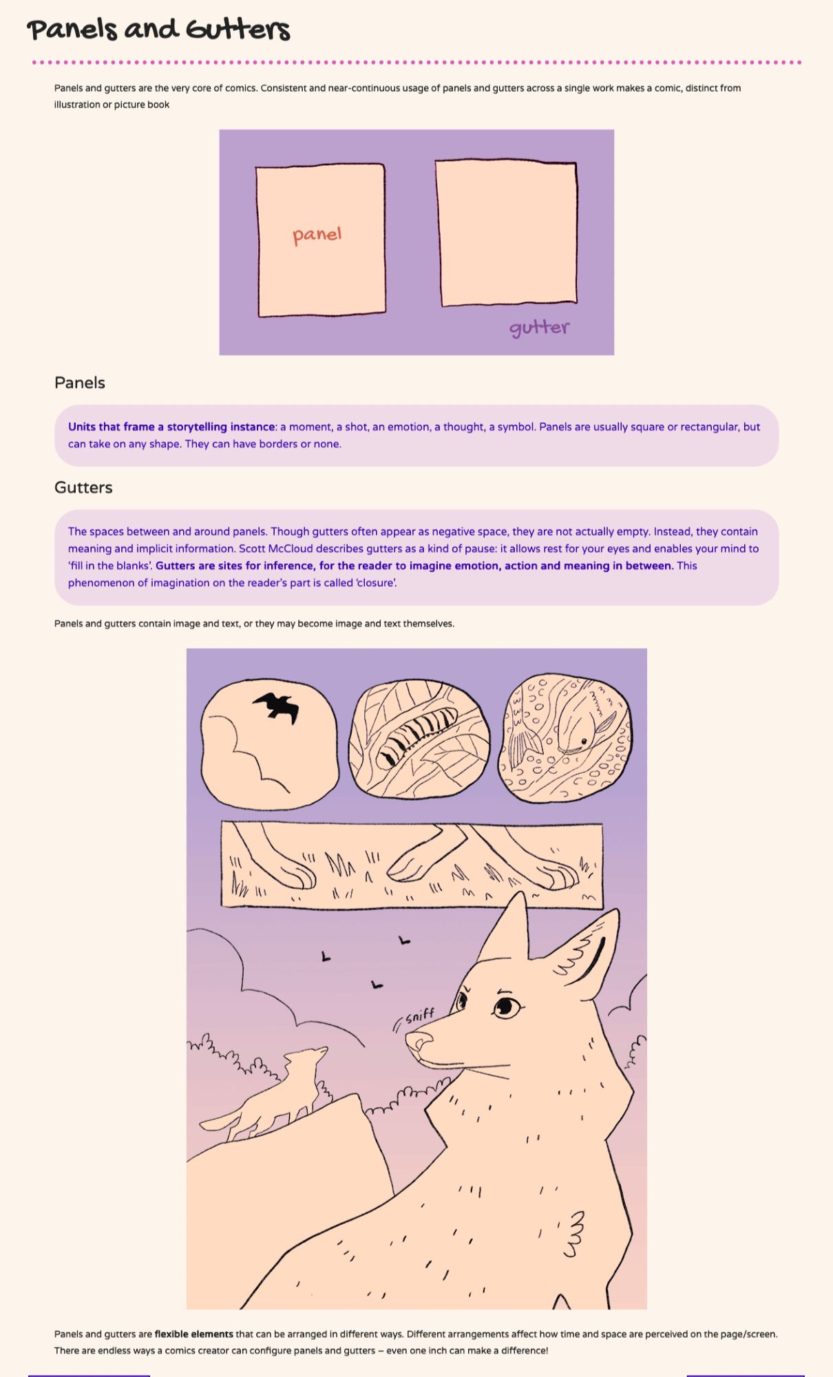 Screenshot of the Panels and Gutters page. The full text is too long for alternate text, so the summary is: panels and gutters are core to comics, panels refer to units of storytelling, gutter refers to the space around panels that allow imagination to fill in the blanks between panels. Panels and gutters can contain image and text, or become image and text themselves. They are flexible elements that can be moved around, and that affects how reader's perceive time.