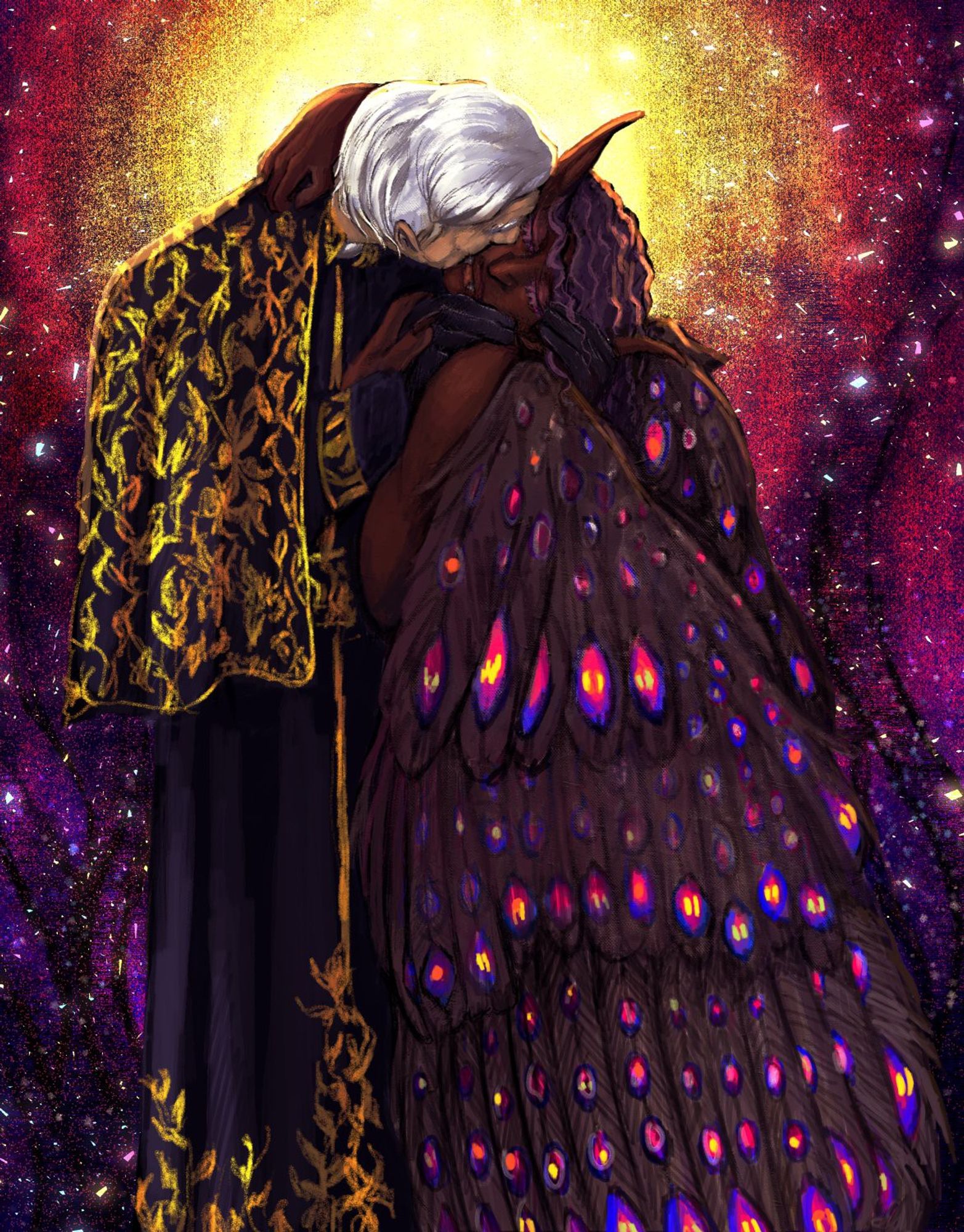 An elder man and his elven are entertwined in an impassioned and intimate kiss. The older gentleman reaches beneath the other's jaw with gloved hands and gently tilts their face towards him as stars and the cosmos explode behind them in a gorgeous golden, sparkling energy.